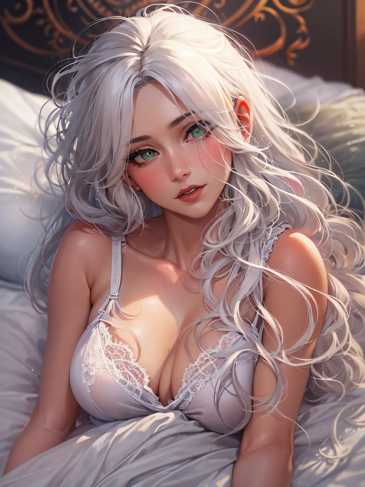 (best quality,4k,highres,masterpiece:1.2),ultra-detailed,realistic:1.37,portrait,soft lighting,white-haired sensual woman lying on a heart-shaped bed in a motel, long flowing hair fluttering in the wind, enchanting light green eyes glimmering, full lips painted with a seductive red, dressed in a transparent red lingerie that reveals her curves, surrounded by a romantic atmosphere. The heartbeat shapes on the bed create a passionate and intimate setting. The delicate lace on the lingerie adds a touch of elegance. The motel room is dimly lit with soft, warm lighting, creating a seductive and mysterious ambiance. The white sheets on the bed provide a contrast to the woman's outfit, emphasizing her allure. The image is captured from a slightly elevated angle, highlighting the woman's beauty and the sensuality of the scene. The colors are rich and vibrant, with a focus on red tones to enhance the passionate atmosphere. The woman's expression is confident and alluring, exuding a captivating charm. Throughout the image, there is a hint of a subtle bokeh effect, adding a dreamy and romantic vibe.