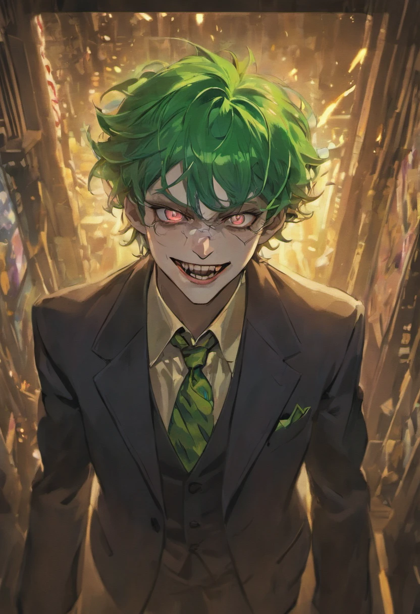 The Joker, a villain from the Batman film series, looks at himself in a broken mirror, in the style of Christopher Nolan, in dynamic, atmosphere of darkness and horror, dramatic light, highly detailed, packed with hidden details, hyper realistic, wallpaper portraits, colorful realism, realistic attention to detail, highly detailed,colorful realism, UHD, 8K