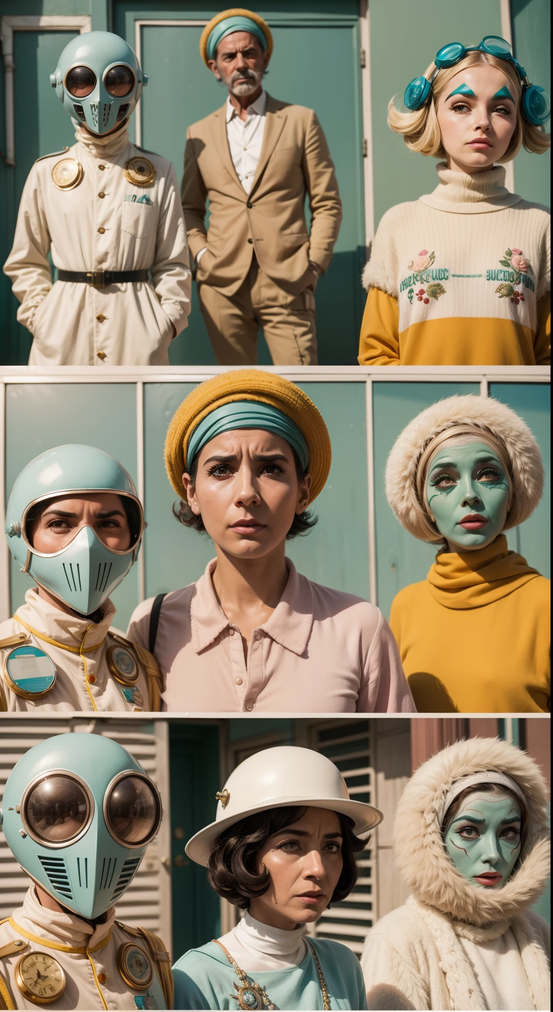 8k portrait of a 1960s science fiction film by Wes Anderson, em 1960, pastels colors, There are people wearing weird futuristic masks and wearing extravagant retro fashion outfits and men and women wearing alien makeup and old ornaments with mechanical pets in town, Luz Natural, Psicodelia, futurista estranho, fotorrealista, hiper detalhado, foco nítido, Intrinsic, Fuji filmes 55mm,