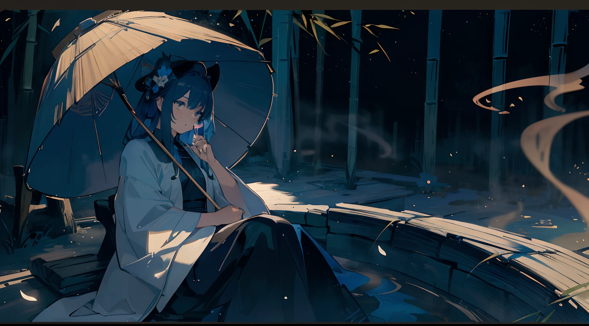 1girl,late at night,ghost,weeds emitting blue light,equinox flower,firefly,a dim atmosphere,(and its rich details:1.3),strong contrast,hard shadow,smoke,strong breeze,petal,particle,mourning for a friend,sit down,bamboo hat,ancient chinese xiake,simple wooden tombstone,holding a glass of wine,