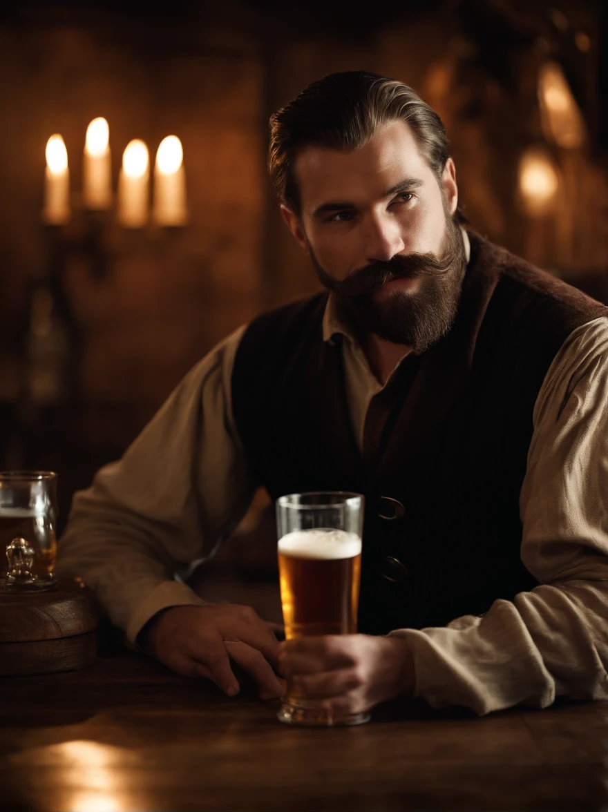 (bearded men, mustachioed men, medieval Europe, tavern, long shot, 8k resolution, masterpiece:1.2), drinking beer, wooden interior, dim candlelight, rustic atmosphere, medieval clothing, rugged and detailed faces, tankards, wooden tables, atmospheric haze, warm color palette, bokeh