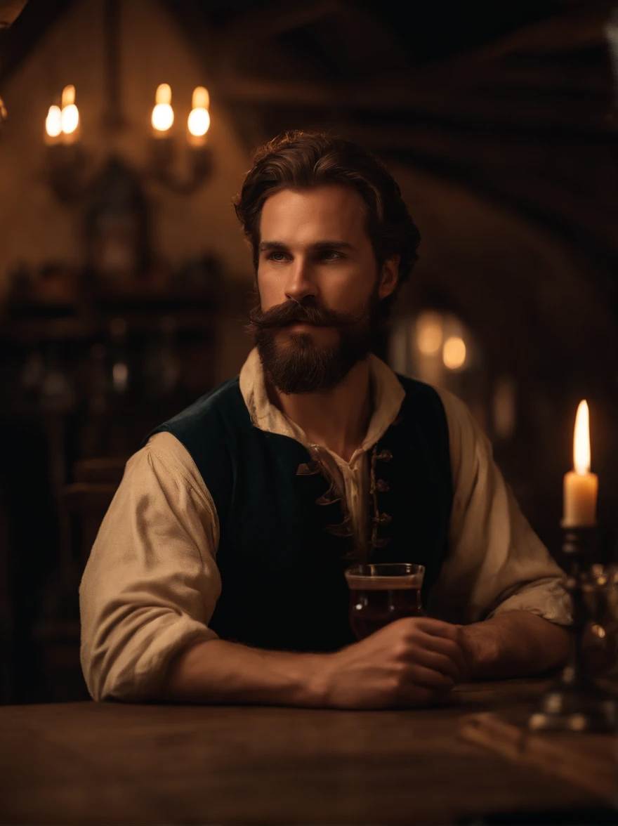 (bearded men, mustachioed men, medieval Europe, tavern, long shot, 8k resolution, masterpiece:1.2), drinking beer, wooden interior, dim candlelight, rustic atmosphere, medieval clothing, rugged and detailed faces, tankards, wooden tables, atmospheric haze, warm color palette, bokeh