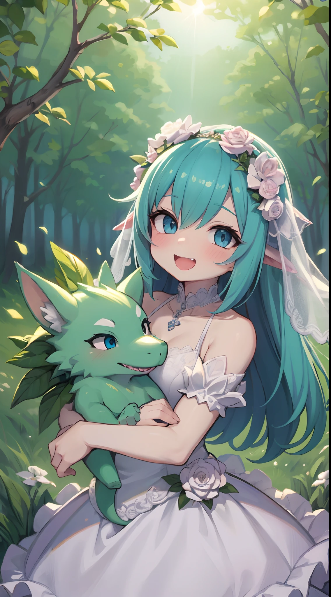 highres, top quality, best quality, paid reward available, High-quality illustrations, unparalleled masterpiece, grass field, absurdres, height difference, large dragon hugs girl((wedding Photo of a Dragon and human girl))girl, wedding dress, girl hugs dragon, Shy laughter, torogao, happy, kiss(beautiful detailed eyes and face)caustics, dynamic lighting, deep shadow, lens flare,