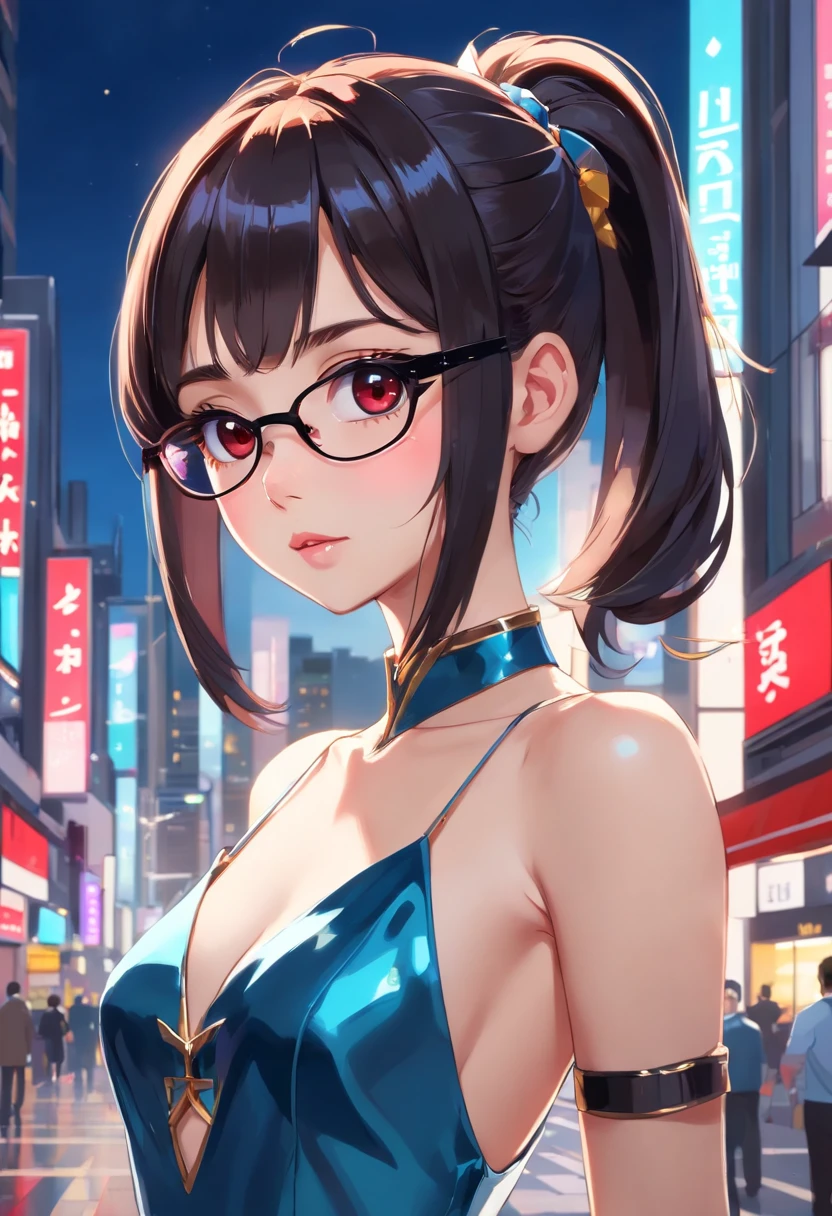 (1mecha girl:1.3, solo), (Audrey Hepburn:1.3), (a extremely pretty and beautiful Japanese cyborg girl), (sexy girl), (professional attire:1.3), (22 years old: 1.1), (walking on red carpet:1.3), (attractive random posing:1.3), (in the night royal party:1.3), (looking straight at you:1.3), (starring at you:1.3), (front view:1.3), (from side:1.3), break, (ponytail:1.3), (shiny-black thin hair:1.2), bangs, dark brown eyes, beautiful eyes, princess eyes, (big eyes:1.3), bangs, wearing a glasses:1.3, Hair between eyes, short hair:1.3, (slender:1.1), (small-medium-breasts:0.95), (thin waist: 1.15), (detailed beautiful girl: 1.4), Parted lips, Red lips, full-make-up face, (shiny skin), ((Perfect Female Body)), (upper body image:1.3), Perfect Anatomy, Perfect Proportions, (most beautiful Korean actress face:1.3, extremely cute and beautiful Japanese actress face:1.3), BREAK, (View viewer, wearing a lovely bitch cordinate, (insanely detailed cyborg bodysuit:1.3), (blue mechanical armor:1.3), (pin-heels:1.3), detailed clothes, BREAK, (detailed royal night party background:1.2), (dark background), (Studio soft lighting: 1.3), (fake lights: 1.3), (backlight: 1.3), BREAK, (Realistic, Photorealistic: 1.37), (Masterpiece, Best Quality: 1.2), (Ultra High Resolution: 1.2), (RAW Photo: 1.2), (Sharp Focus: 1.3), (Face Focus: 1.2), (Ultra Detailed CG Unified 8k Wallpaper: 1.2), (Beautiful Skin: 1.2), (pale Skin: 1.3), (Hyper Sharp Focus: 1.5), (Ultra Sharp Focus: 1.5), (Beautiful pretty face: 1.3), (super detailed background, detail background: 1.3), Ultra Realistic Photo, Hyper Sharp Image, Hyper Detail Image,