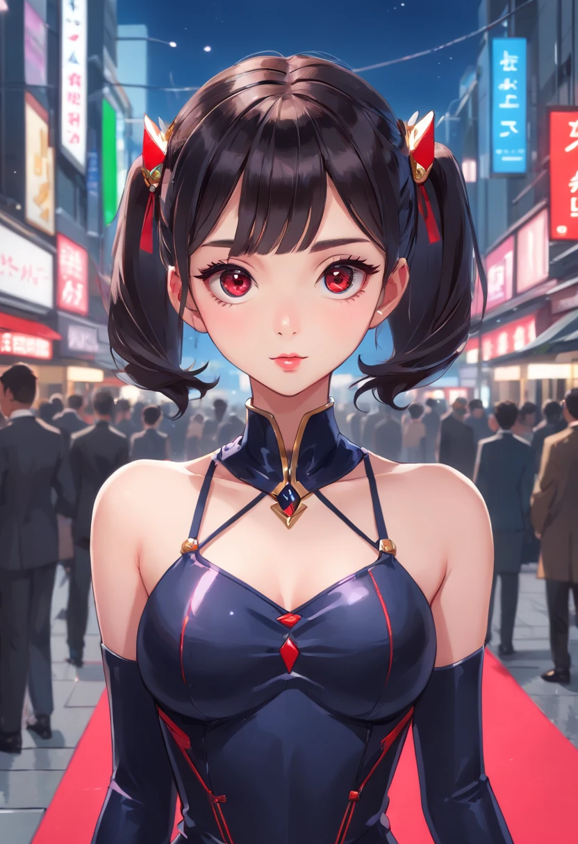 (1mecha girl:1.3, solo), (Audrey Hepburn:1.3), (a extremely pretty and beautiful Japanese cyborg girl), (sexy girl), (professional attire:1.3), (22 years old: 1.1), (walking on red carpet:1.3), (attractive random posing:1.3), (in the night royal party:1.3), (looking straight at you:1.3), (starring at you:1.3), (front view:1.3), (from side:1.3), break, (ponytail:1.3), (shiny-black thin hair:1.2), bangs, dark brown eyes, beautiful eyes, princess eyes, (big eyes:1.3), bangs, wearing a glasses:1.3, Hair between eyes, short hair:1.3, (slender:1.1), (small-medium-breasts:0.95), (thin waist: 1.15), (detailed beautiful girl: 1.4), Parted lips, Red lips, full-make-up face, (shiny skin), ((Perfect Female Body)), (upper body image:1.3), Perfect Anatomy, Perfect Proportions, (most beautiful Korean actress face:1.3, extremely cute and beautiful Japanese actress face:1.3), BREAK, (View viewer, wearing a lovely bitch cordinate, (insanely detailed cyborg bodysuit:1.3), (blue mechanical armor:1.3), (pin-heels:1.3), detailed clothes, BREAK, (detailed royal night party background:1.2), (dark background), (Studio soft lighting: 1.3), (fake lights: 1.3), (backlight: 1.3), BREAK, (Realistic, Photorealistic: 1.37), (Masterpiece, Best Quality: 1.2), (Ultra High Resolution: 1.2), (RAW Photo: 1.2), (Sharp Focus: 1.3), (Face Focus: 1.2), (Ultra Detailed CG Unified 8k Wallpaper: 1.2), (Beautiful Skin: 1.2), (pale Skin: 1.3), (Hyper Sharp Focus: 1.5), (Ultra Sharp Focus: 1.5), (Beautiful pretty face: 1.3), (super detailed background, detail background: 1.3), Ultra Realistic Photo, Hyper Sharp Image, Hyper Detail Image,