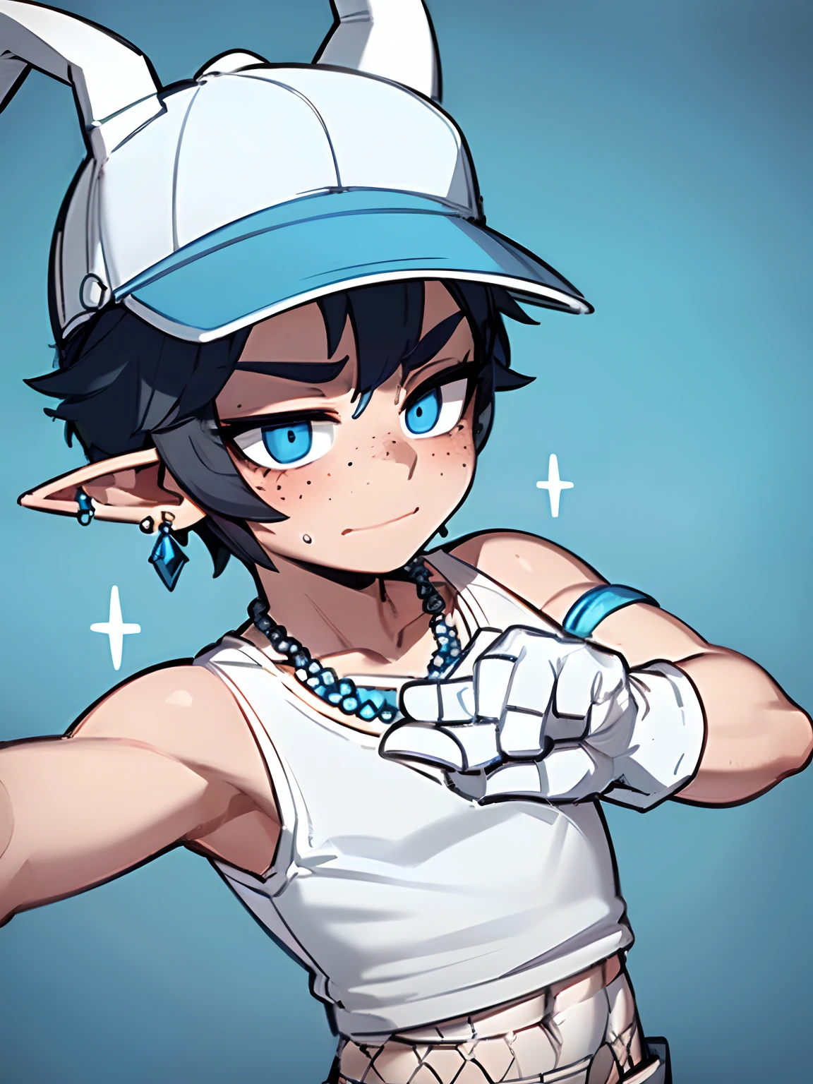 ((masterpiece, best quality)), (1boy), (solo), (male focus), (fluffy short hair), blue eyes, light smile, closed mouth, ((white blue tank top ), (jewels on neck), (strong arms)), ((necklaces), (white baseball cap )) (( blue demon horns )), ((, (( white long gloves on hands and arm)) ((blue fishnet shirt under tank top)) ((Elf ears)) ((glitter)) (shimmer) (( white rings)) ((white bracelets)) standing, light blue background,, dynamic angle , high angle, (( earrings)) (blushing)) (( freckles)) ((black hair)) , buff arms , demon, seductive eyes baseball cap on , white jewel wrapped around bicep, light eyebrows ((ice magic)) school profile picture, school picture pose gay naked boy , sucking on cock, porn , penis, ass, sexy body,