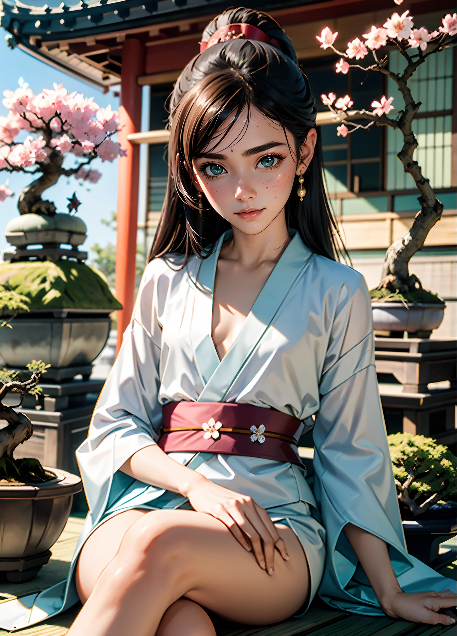 breathtaking, (Small chest), sexy seductive pose, (mystical), (portrait of geisha girl relaxing in fantasy fairytale dreamscape world),, pale white skin, (wearing white see through kimono), (modestly dressed), sexy, (see through breasts and ), long sleeve, slim body, (small breasts), epic, (city of japanese temple, pandora world), fantasy, fairytale, highly detailed, no bra, (house of gods, bonsai garden, mount of bonsai tree), bueatiful sky, 45mm f1.8, elegant delicate beautiful, full of sakura, shiny, surrounded by nucolored butterfly, award-winning, professional, highly detailed