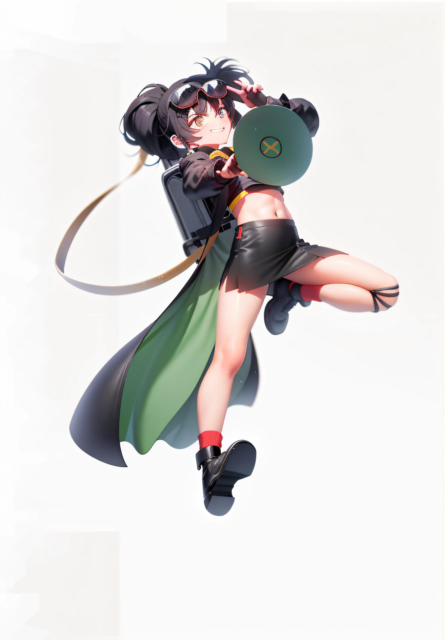 Best quality, Masterpiece, 超高分辨率, White background, , Black color hair,High ponytail, Golden pupils, coat large,backpacks,Large movements,Handsome,Anime girls,leather shoes,putting makeup on,Red-green sunglasses,grinning smile,Leg gauze,The right hand holds the megaphone,Left-handed shooting stance,Black suspenders,Black half-wrap skirt,Gray coat