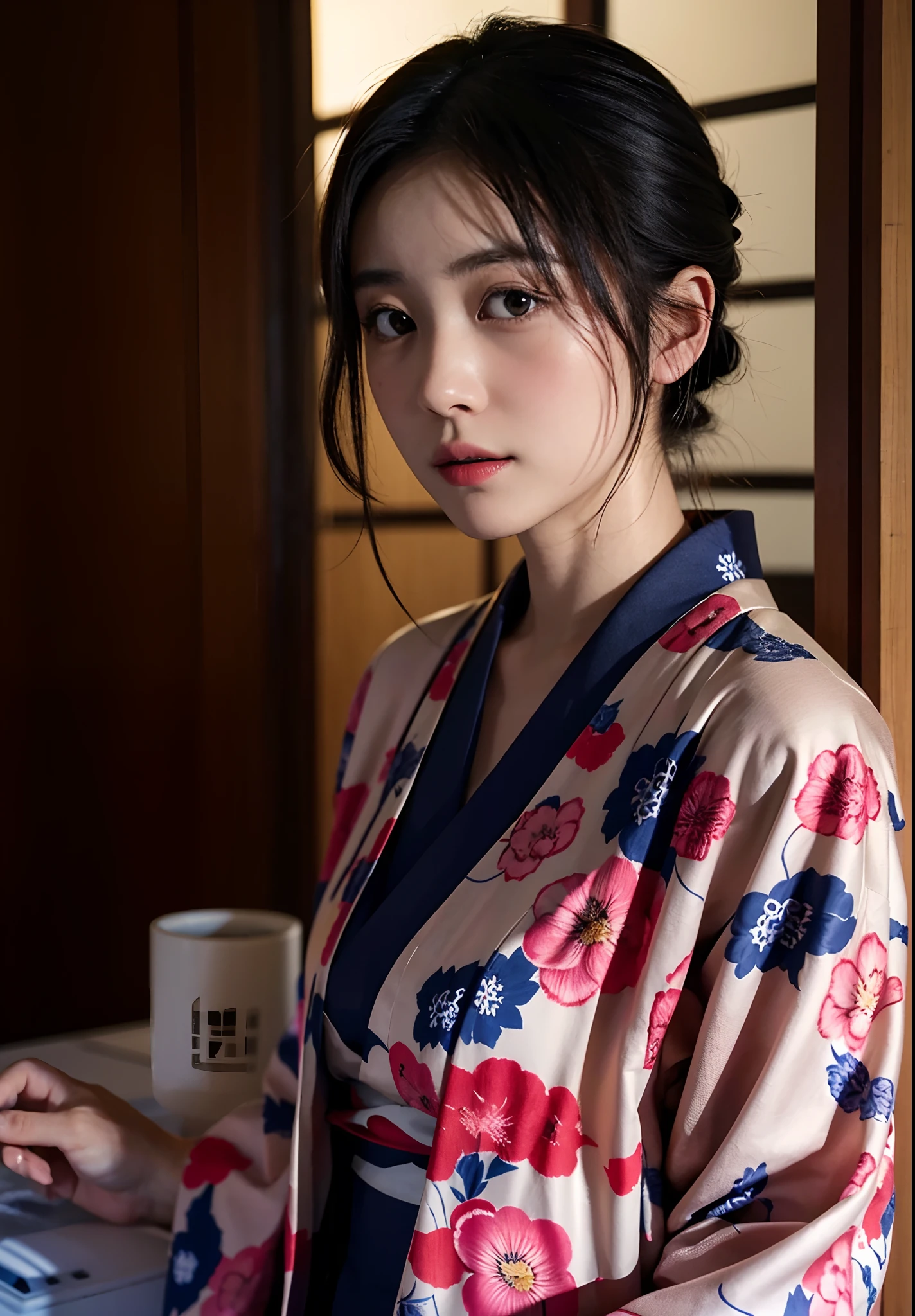 a close up of a woman in a kimono with a flowered jacket, takada akemi, in kimono, aoi ogata, 奈良美智, koyoharu gotouge, shiori teshirogi, chiho, iwakura lain, japanese model, harumi, yasumoto oka