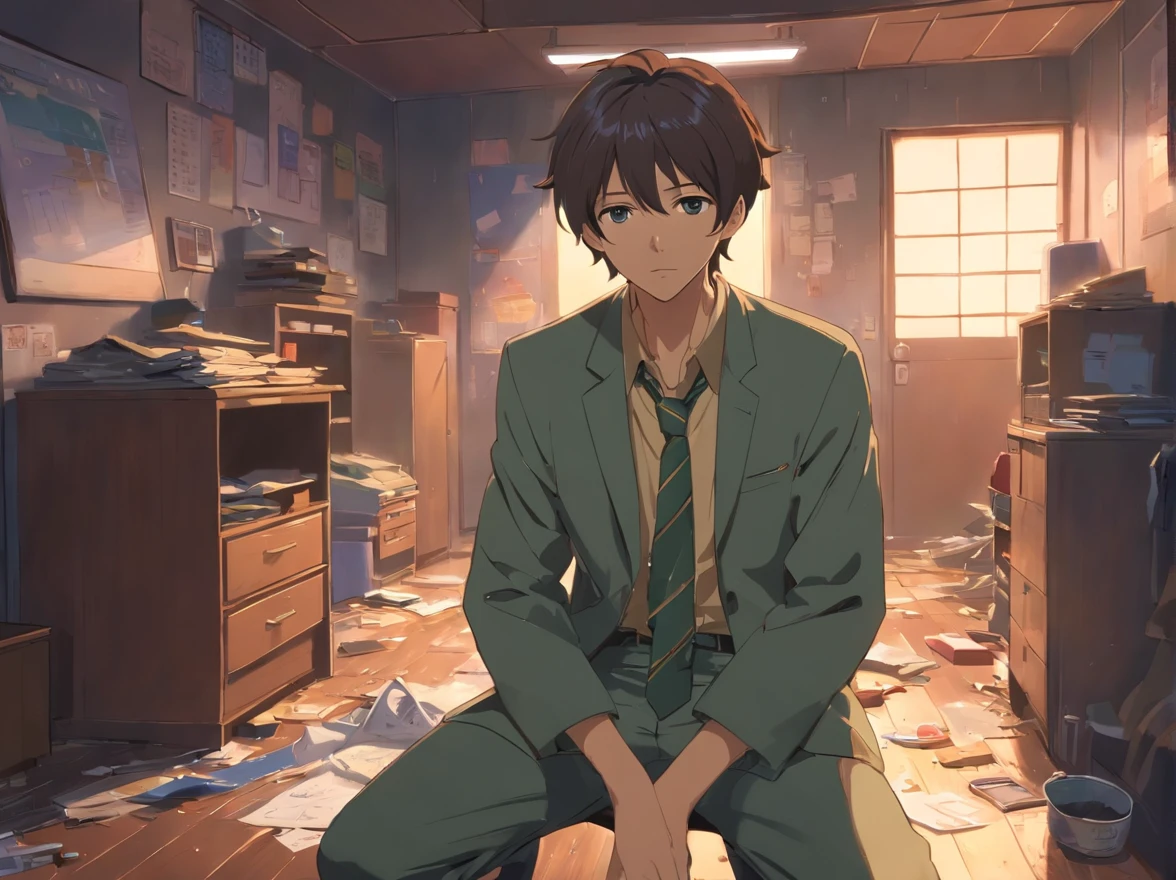 (japanes:1.2),Detailed view of a man in a dirty suit, Messy youth room, darkened room.weakened face