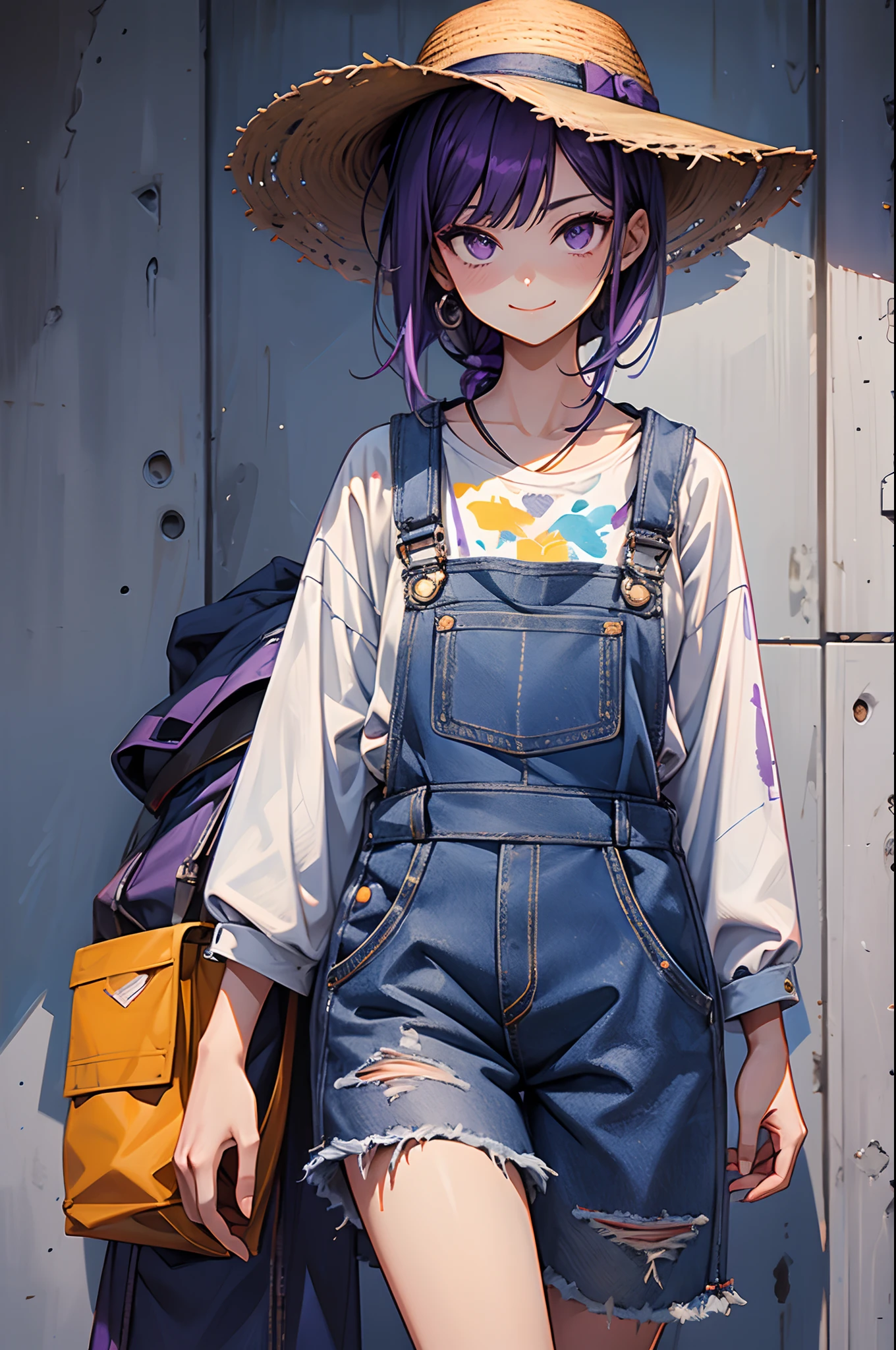 arafed woman in a denim overall shorts and sandals, overalls, wearing overalls, wearing blue jean overalls, torn overalls, blue overalls, wearing dirty overalls, wearing a straw hat and overalls, baggy purple overall shorts, painted overalls, purple overall shorts, artist wearing overalls, overalls and a white beard, dark skin, smile