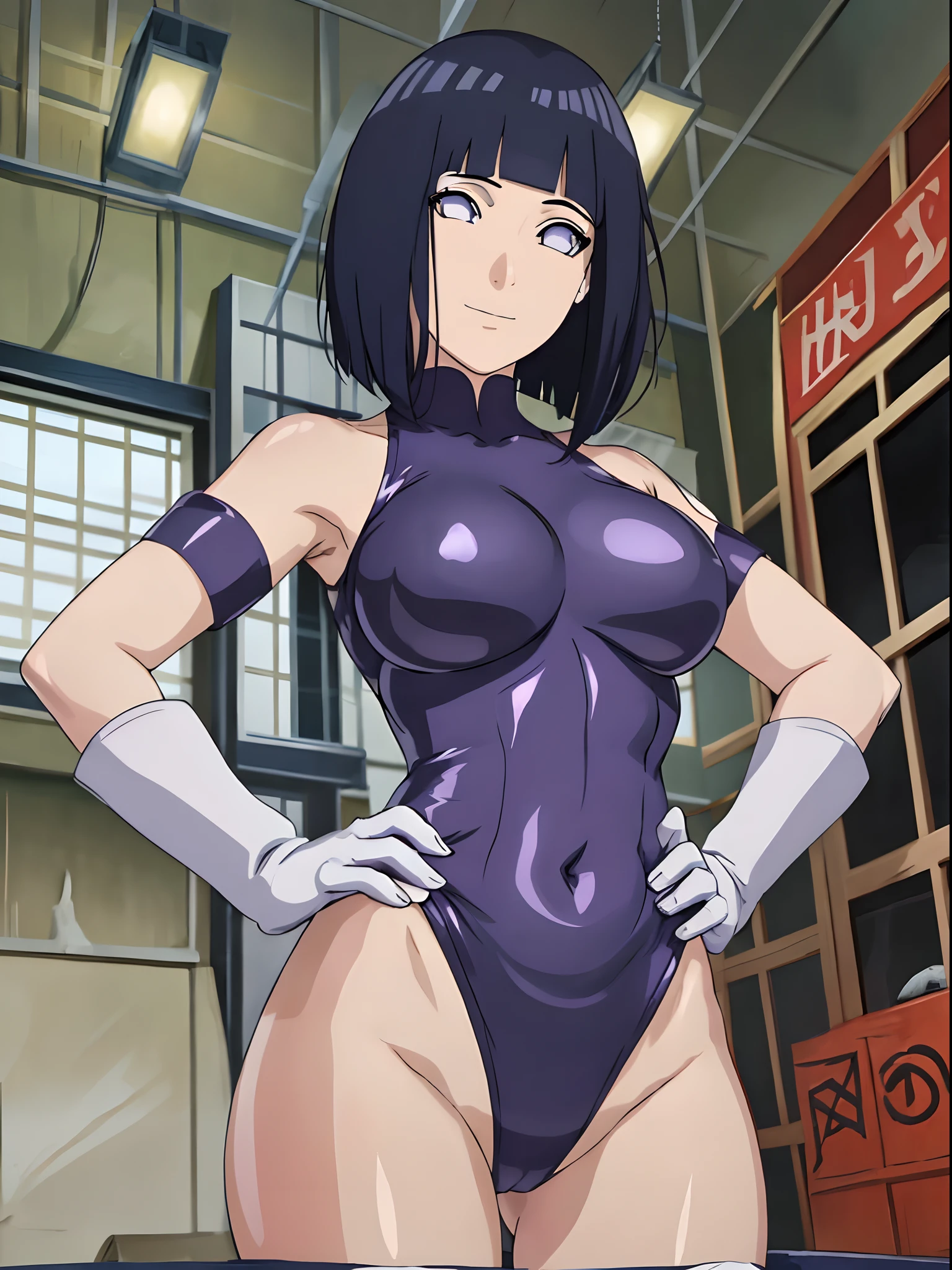 (ultra detailed body, ultra detailed face), ((solo, 1 girl)), anime style, hires, ((wrestling stage, (children watching))), (hinata\(boruto\), (female wrestler), (slender body, broad shoulders), mature woman, milf, (leotard, ultra detailed pro wrestling gear, long gloves), extremely gorgeous, (smile, closed mouth), (pale skin, shiny skin, lighting and shadow, belly button), (dark blue hair color:1.1), wavy hair, ((short hair, hime cut), big breasts, ((hands on hips)), (long belly), (very seductive), (perfect eyes, white sciera, bright eyes, white eyes, anime eyes)