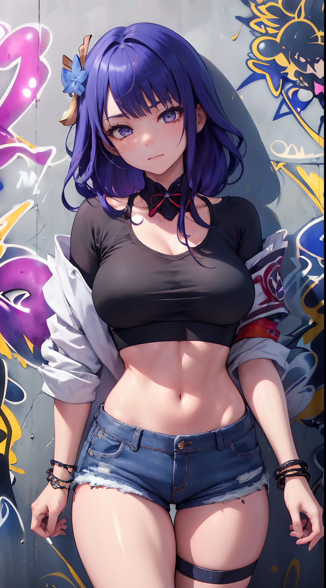 Kujou Sara Genshin Effect, masterpiece, bestquality, 1girls, bara, crop top, shorts jeans, choker, (Graffiti:1.5), color splashes, arm behind back, against wall, looking at the audience, bracelet, Thigh strap, Head tilt, bored, multicolored hair, water eyes, headset,