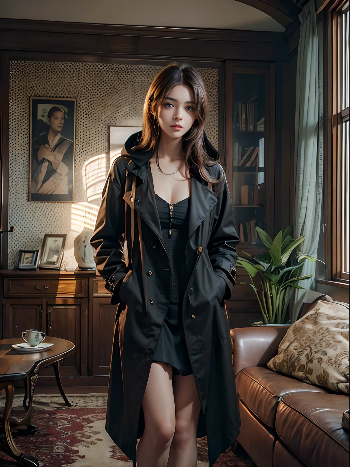 A girl with shoulder-length brown hair and amber eyes, Wears a black trench coat with a hood, Brown stockings, and black knee-length boots, standing in living room.
(Best quality,4K,8K,A high resolution,Masterpiece:1.2), Ultra-detailed, (Realistic,Photorealistic,photo-realistic:1.37), hdr, hyper HD, Studio lighting, Extreme detail description, professional, Vivid colors, Bokeh, sportrait, comfortable atmosphere, Warm color tones, Soft natural lighting, vintage decor, Comfortable sofa, wooden coffee table, Book and plant bookshelf, Natural sunlight through the windows.