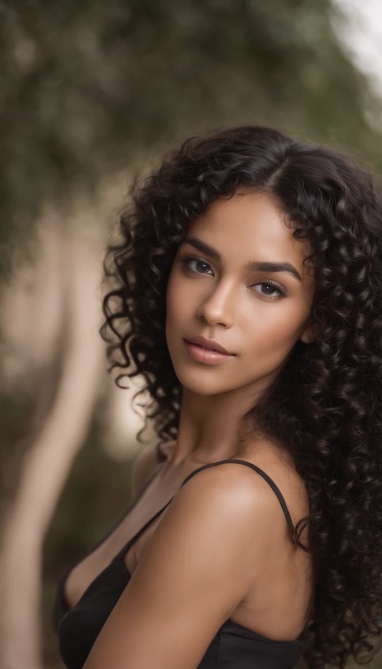 A beautiful and amazing black Brazilian woman,portrait of upper body,Free curls, Black curly hair, (dark shorter curly hair), Wild black long curly hair, multiversal hair, Brazilian, Short black curly hair, Curly black hair, Curls, wavy hair spread out, Baroque curls, curlies, curly, Fair curly hair, Hair texture, curly bang nude