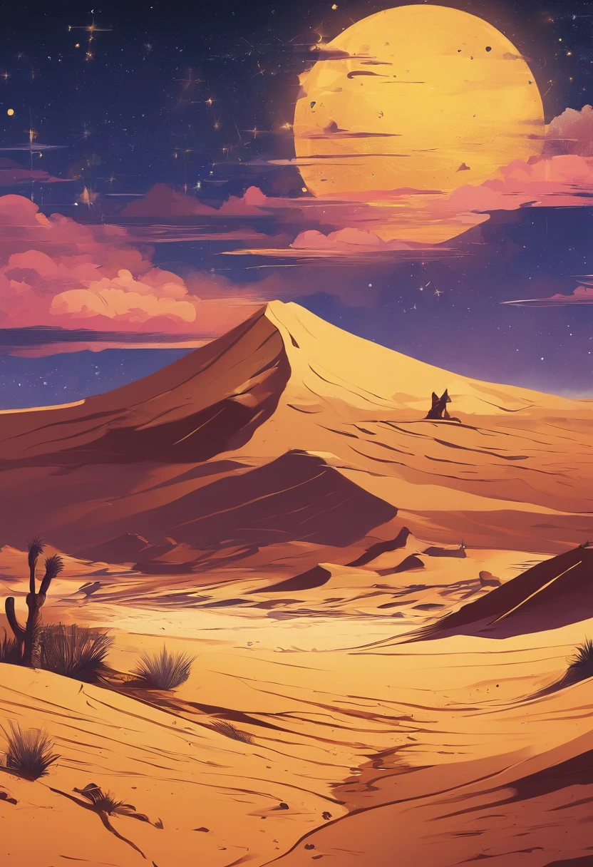 Yellow sand in the sky，The background is night，The sky is full of stars，the sphinx，digital landscape art, Detailed scenery —width 672, landscape artwork, environment design illustration, scenery art detailed, Desert oasis landscape, concept-art, 4k highly detailed digital art, 4 k digital painting, 4k digital painting, stunning digital illustration, Desert background, digital painting concept art, Detailed digital painting