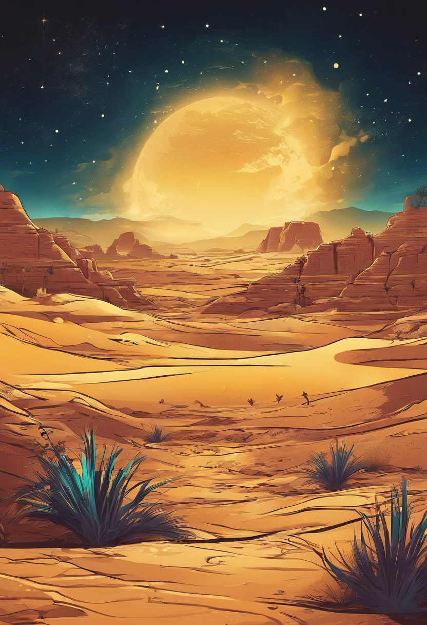 Yellow sand in the sky，The background is night，The sky is full of stars，the sphinx，digital landscape art, Detailed scenery —width 672, landscape artwork, environment design illustration, scenery art detailed, Desert oasis landscape, concept-art, 4k highly detailed digital art, 4 k digital painting, 4k digital painting, stunning digital illustration, Desert background, digital painting concept art, Detailed digital painting