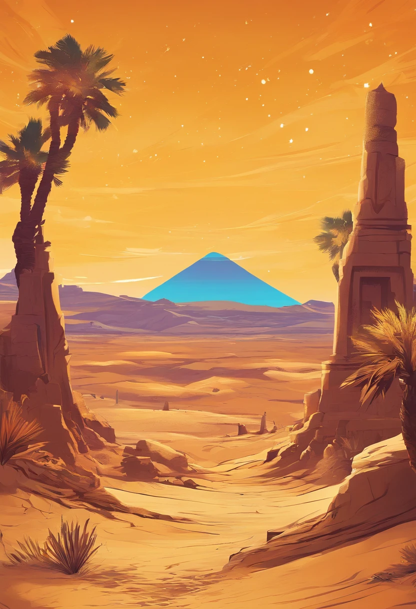 Yellow sand in the sky，The background is night，The sky is full of stars，the sphinx，digital landscape art, Detailed scenery —width 672, landscape artwork, environment design illustration, scenery art detailed, Desert oasis landscape, concept-art, 4k highly detailed digital art, 4 k digital painting, 4k digital painting, stunning digital illustration, Desert background, digital painting concept art, Detailed digital painting