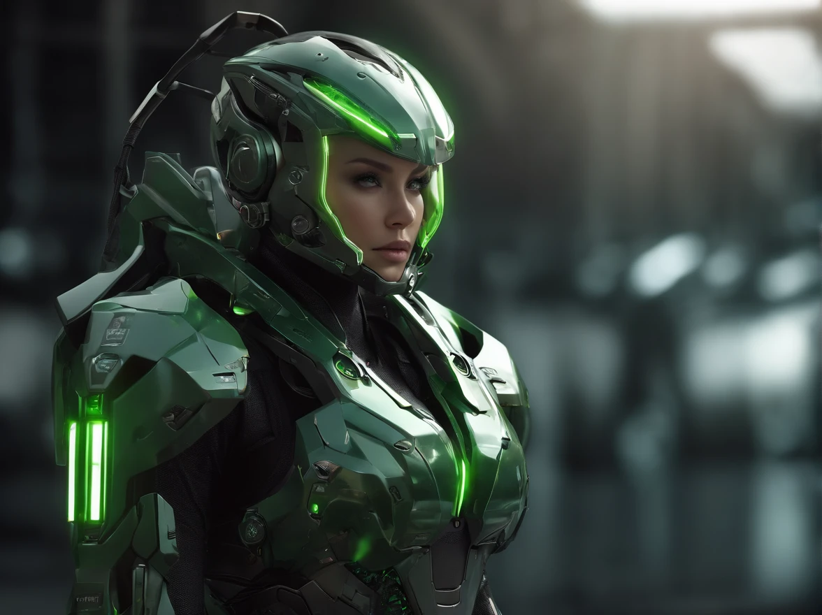 CGI artwork,Mecha female mecha, mecha asthetic, girl in mecha cyber armor, cool mecha style, beautiful full-body concept art, modern mecha anime, Mechanized Valkyrie girl, pristine concept art, White background,Reflective floor,( Mirrored textured flooring: 1.0),(Close up: 1.0) (Dim tones: 1.5), lens_flare, film_composition, film_lighting (Don't look at the camera: 1.4) (looks away: 1.4) Solo (Full body shot: 1.0)Top light source.(Black and green color scheme:1.4)
