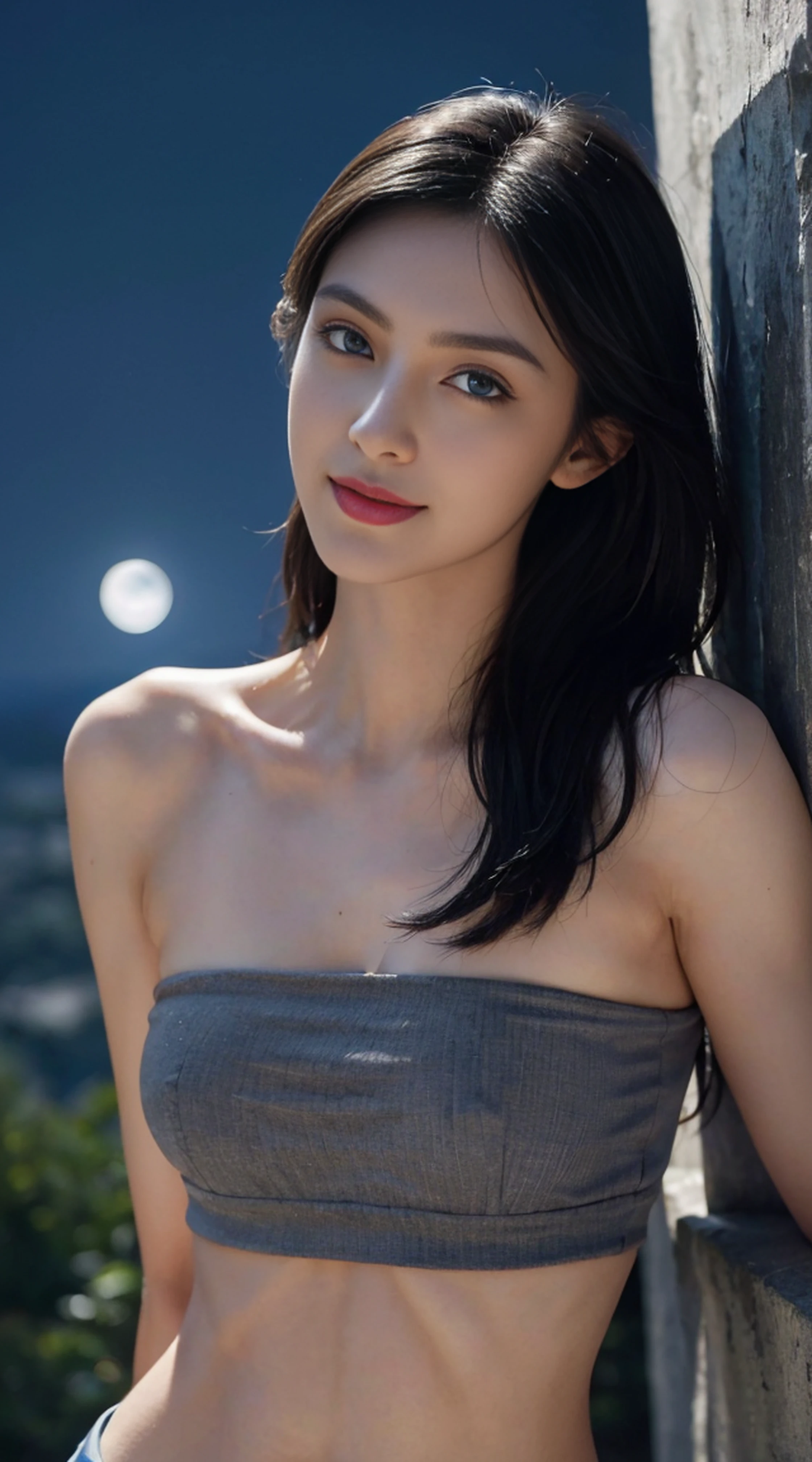 8K, Top Quality, Intricate Details, Ultra Detail, Ultra High Resolution, Masterpiece, random angle, Slender, Smile, (Makeup: 0.4), (Fluffy Blue Eyes: 1.21), blue Eyes,, ((full body)), 1girl, solo, 1 girl, (( full body)), close-up shot, open leg , ((tall)), (((fit body))), (((slim face))), sharp face, sharp eyes, (((black hair, long hair, )) (detailed face), sharp face, small lips, thin lips, tits ,
(( crop top)), underboobs, detailed face, detailed breast, , large breast, detail, , Beautiful girl with accentuated slender abs: 1.4, Six Pack Abs: 1.4, Bust Botox, Big, Perfect Body, detail leg, (( moonlight)), top of mountain