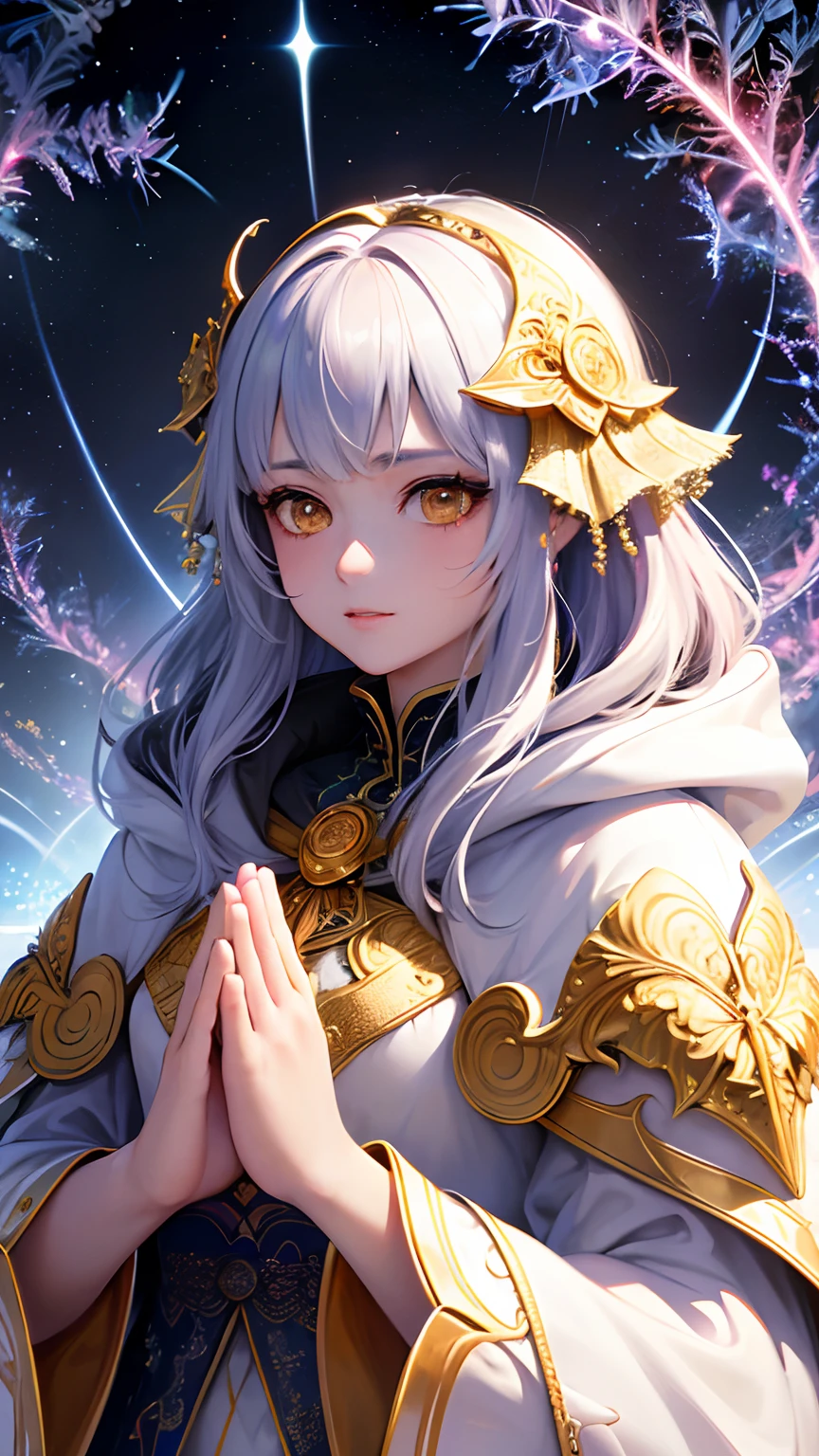 (masterpiece, top quality, best quality, official art, beautiful and aesthetic:1.2), (1girl), extreme detailed, (fractal art:1.3), colorful, highest detailed, perfect face, upper body, HDR, (praying:1.3), (white cloak golden lines:1.2), galaxy, (light streaks), striking visuals, (dynamic streaks, luminous trails:1.2), vibrant colors,