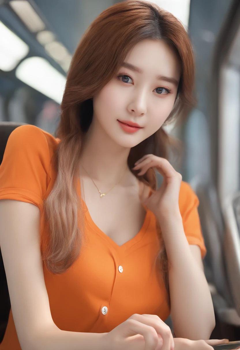 realistic photos of (1 cute Korean star) flipped hair, thin makeup, medium breasts size, orange polo shirt, at the train station, clear facial features of Canon EOS, 16k, high resolution, sharp and realistic details, overexposure, cut-in, UHD, highres, best quality