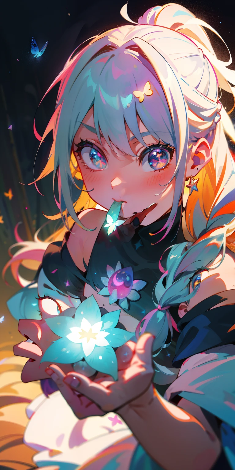 (8K, 4K, Best Quality, hight resolution:1.2), (maasterpiece, Realistic, photos realistic:1.37), 1girll, Solo, Beautiful face, eye lashes, nase, Glossy lips, (Detailed eyes, view the viewer, Fair skin, White skin:1.5), fine complexion, Upper body, Large breasts, busty, , (:1.5), outdoor bath, twosideup, absurdly long hair, Ponytail of Blonde Hair, Pink , Bangs, hair adornments, Bow, Younger, aged down, platinum white hair with blue streaks, glittery skin, piercings on lip and nose, seven color aura, milky way aura, Masterpiece, best quality, super high resolution, fluorescent color, full body high detail illustration drawing highest quality lovely colors that pop and dim lights smokey haze long hair strangs floating airy fluffy hair 1 girl, looking at the audience, beautiful face, beautiful eyes, (off-the-shoulder: 1.2), head up, upper body, forest, shiny hair, shiny skin, glowing cut, chibi, finger scale coordination, black starlight dress, particles, glowing butterflies, stars and sparkles white and baby blue aqua hairstyle with braids, Full body illustration, Loish, wlop, samdraws, artgerm, EATING Japanese red bean Taiyaki fish  shapedpastry.