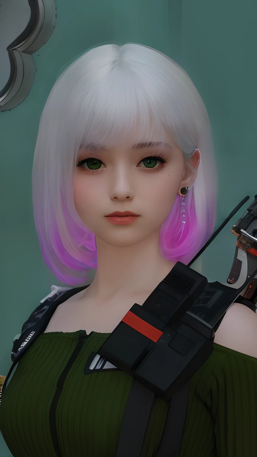 best image quality, masterpiece, super high resolution, (fidelity:1.4), photo, 1 girl, green shirt, white hair