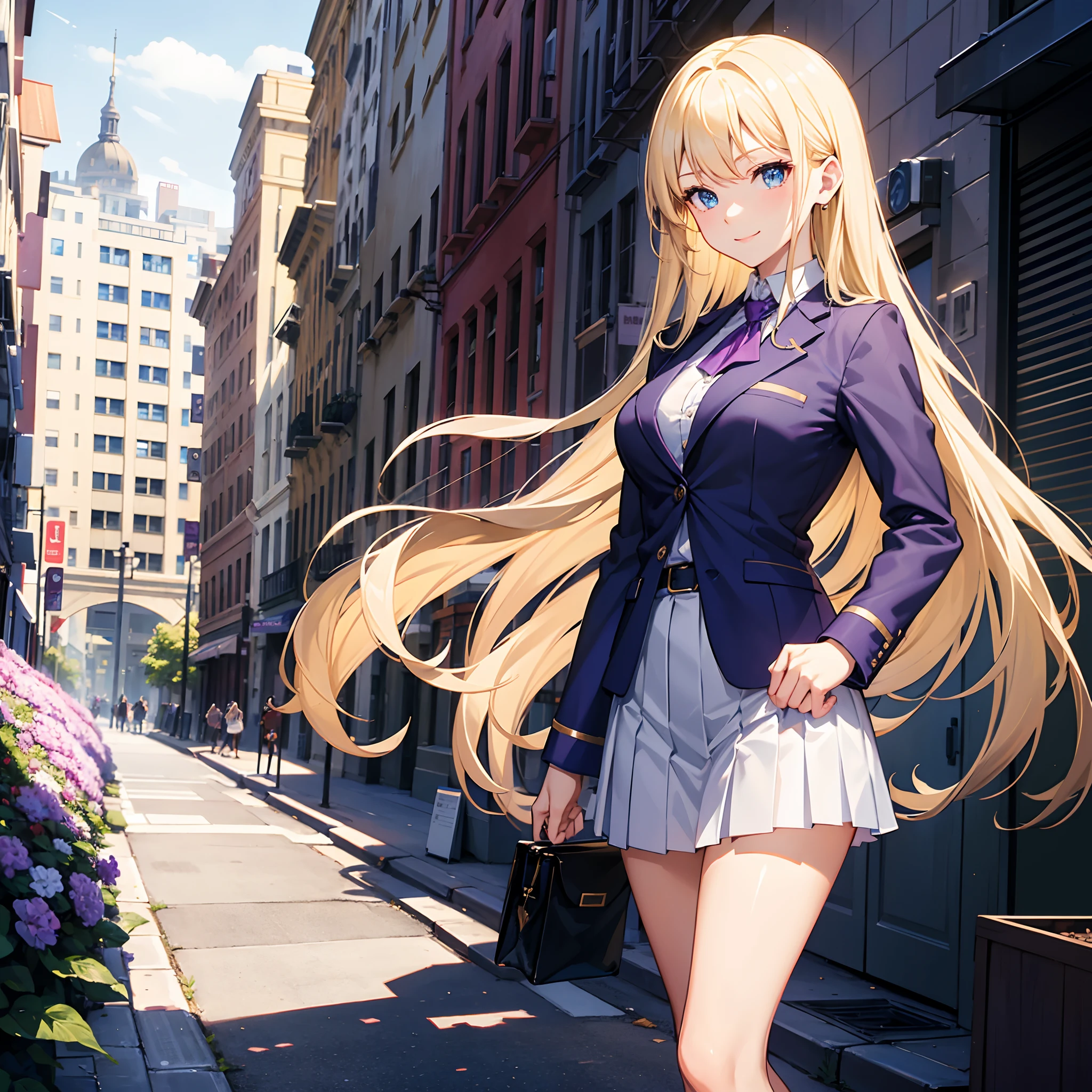 masterpiece, best quality, highres, blonde woman, long hair, blue eyes, adult, medium breasts, standing, smile, office uniform, purple shirt,open lilac jacket, pleated skirt, white skirt, outdoors, street.