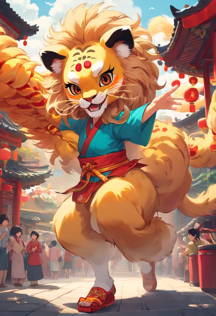 China-style,Lion dance girl,highly detailed surreal vfx,Smudge,Faraway view,super-fine,ultra - detailed,high qulity,8K ,oc rendered,dynamic viewing angle