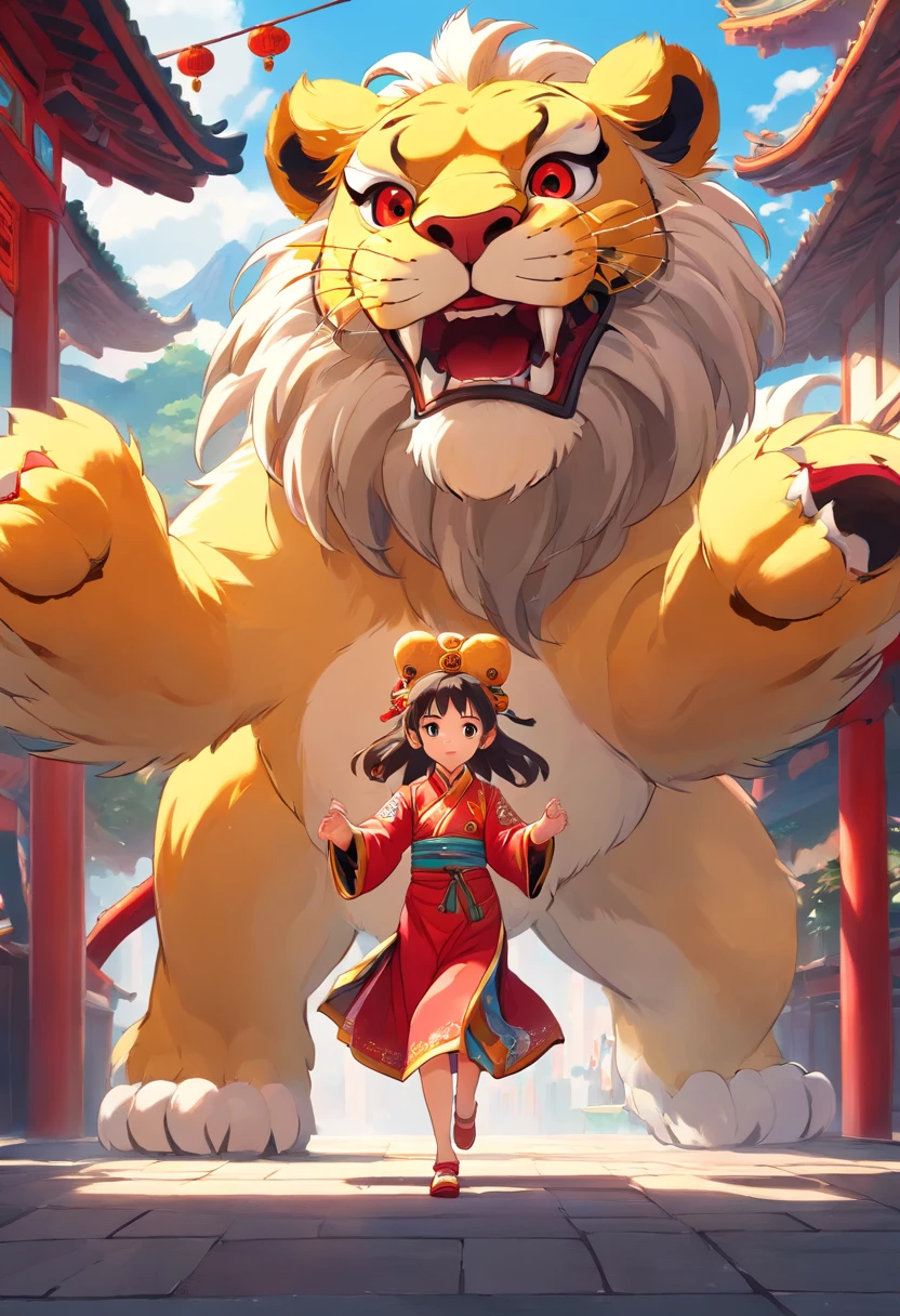 China-style,Lion dance girl,highly detailed surreal vfx,Smudge,Faraway view,super-fine,ultra - detailed,high qulity,8K ,oc rendered,dynamic viewing angle