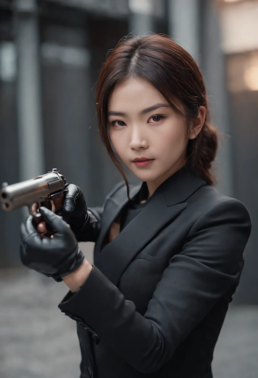 A Japanese girl in a black suit holding a gun with both hands with black leather gloves