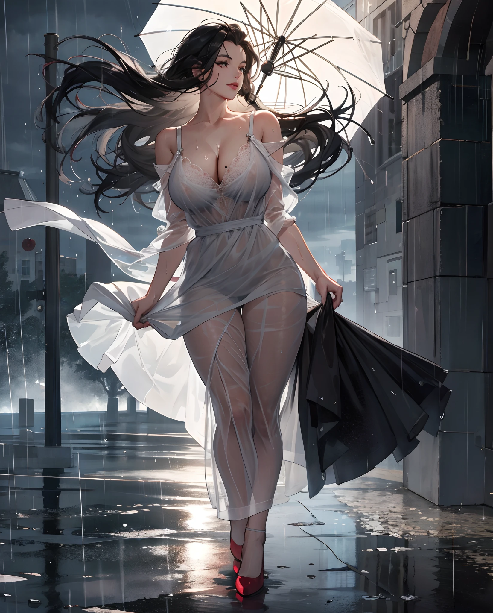 (hyperrealistic:1.2),(photorealistic face:1.2),best quality, sharp focus,masterpiece,swimsuit,photography, photorealistic, ultra realistic, cinematic,RAW photo,8k uhd,film grain,photo,intricate details,hyper realistic
1girl,24 years old, mole, beautiful,shoulder hair, floating hair,wet hair,mauve hair,((((black hair)))),((hair on face))),grey dress, marilyn monroe dress, floating dress,windy, soaking wet, wet dress, raining,stormy weather,(((marilyn monroe dress tug))),(((rainfall))),red shoes,((cleavage:1.2)),(gigantic boobs:1.2)),(voluptuous),chubby, curvy, gloomy weather,(((see through soaked dress))),bra lift,(((umbrella blown by wind))),(((shot from distance:1.2))),((( exposed)))
, marilyntug, wetshirt, rain, see-through, sagging breasts, huge , ,