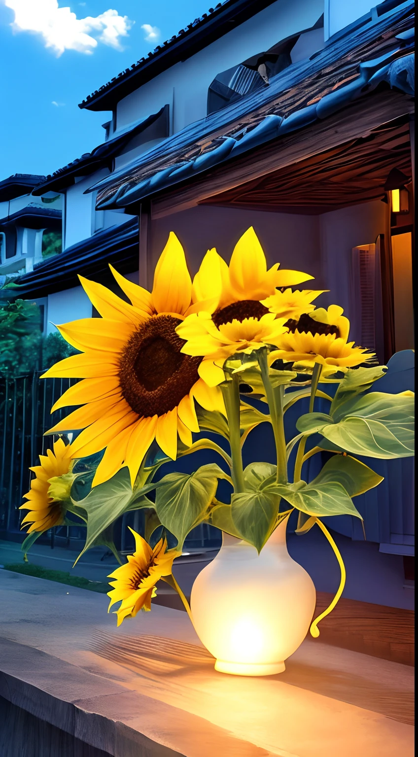 Silent night,A sunflower,closeup cleavage,Bloom alone,In the daytime,brightly,,nerds,suns,with blue sky and white clouds