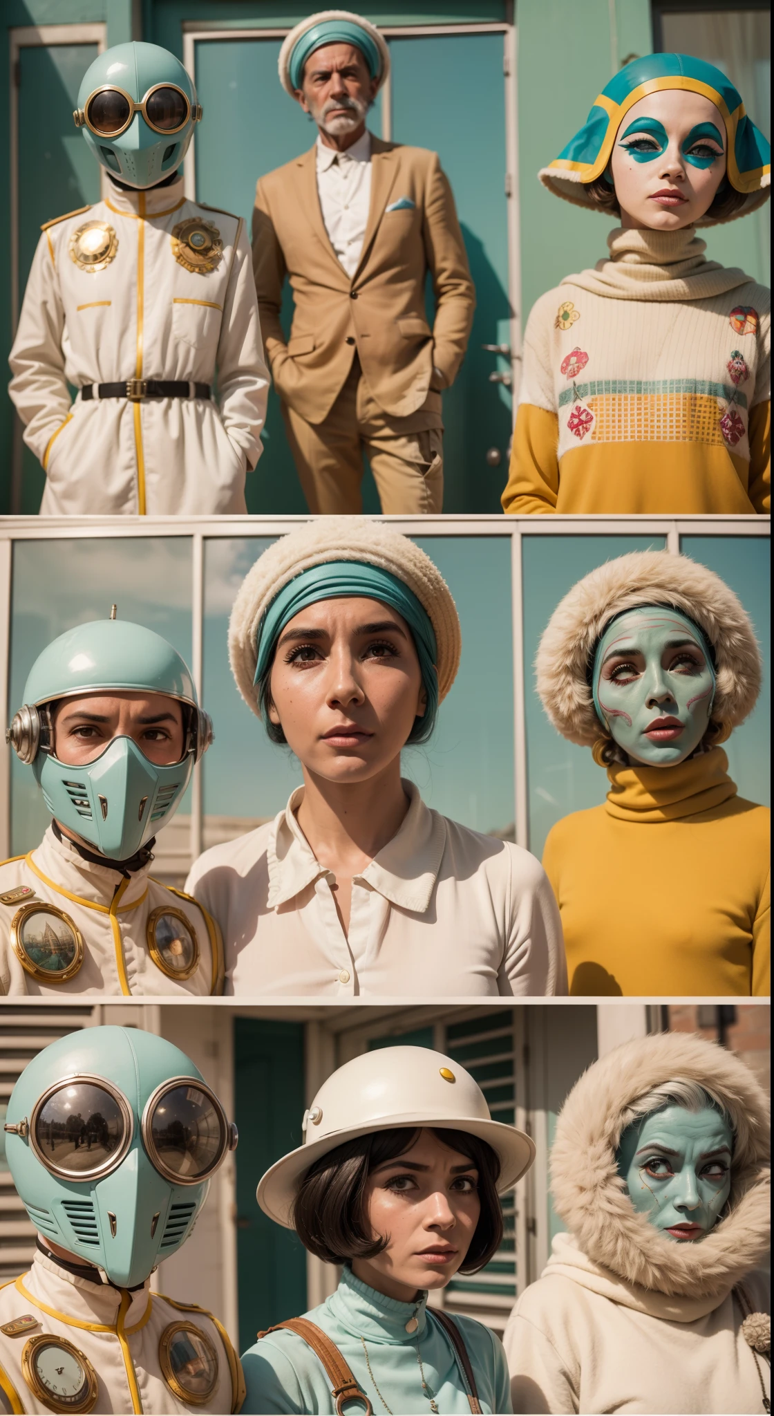 8k portrait of a 1960s science fiction film by Wes Anderson, em 1960, pastels colors, There are people wearing weird futuristic masks and wearing extravagant retro fashion outfits and men and women wearing alien makeup and old ornaments with mechanical pets in town, Luz Natural, Psicodelia, futurista estranho, fotorrealista, hiper detalhado, foco nítido, Intrinsic, Fuji filmes 55mm,