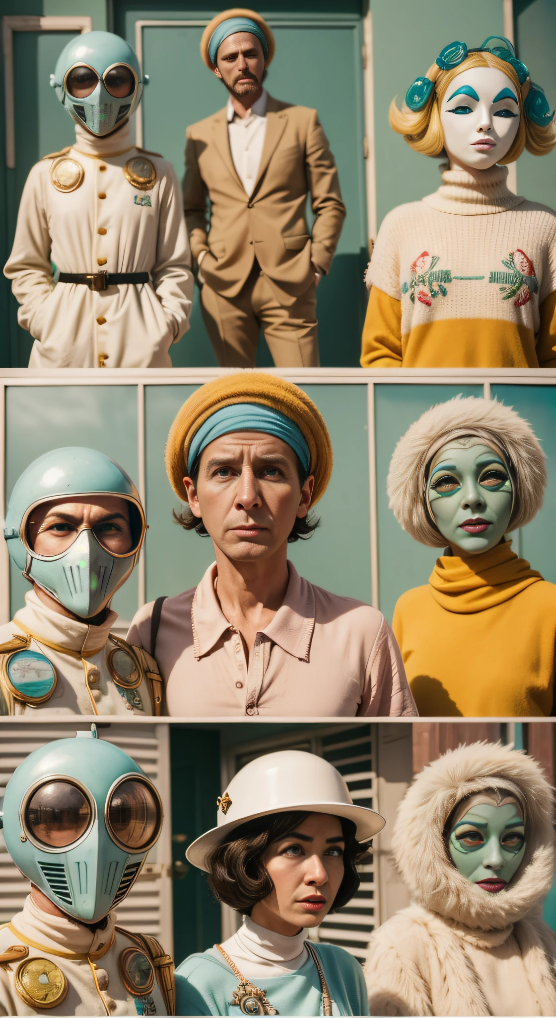 8k portrait of a 1960s science fiction film by Wes Anderson, em 1960, pastels colors, There are people wearing weird futuristic masks and wearing extravagant retro fashion outfits and men and women wearing alien makeup and old ornaments with mechanical pets in town, Luz Natural, Psicodelia, futurista estranho, fotorrealista, hiper detalhado, foco nítido, Intrinsic, Fuji filmes 55mm,