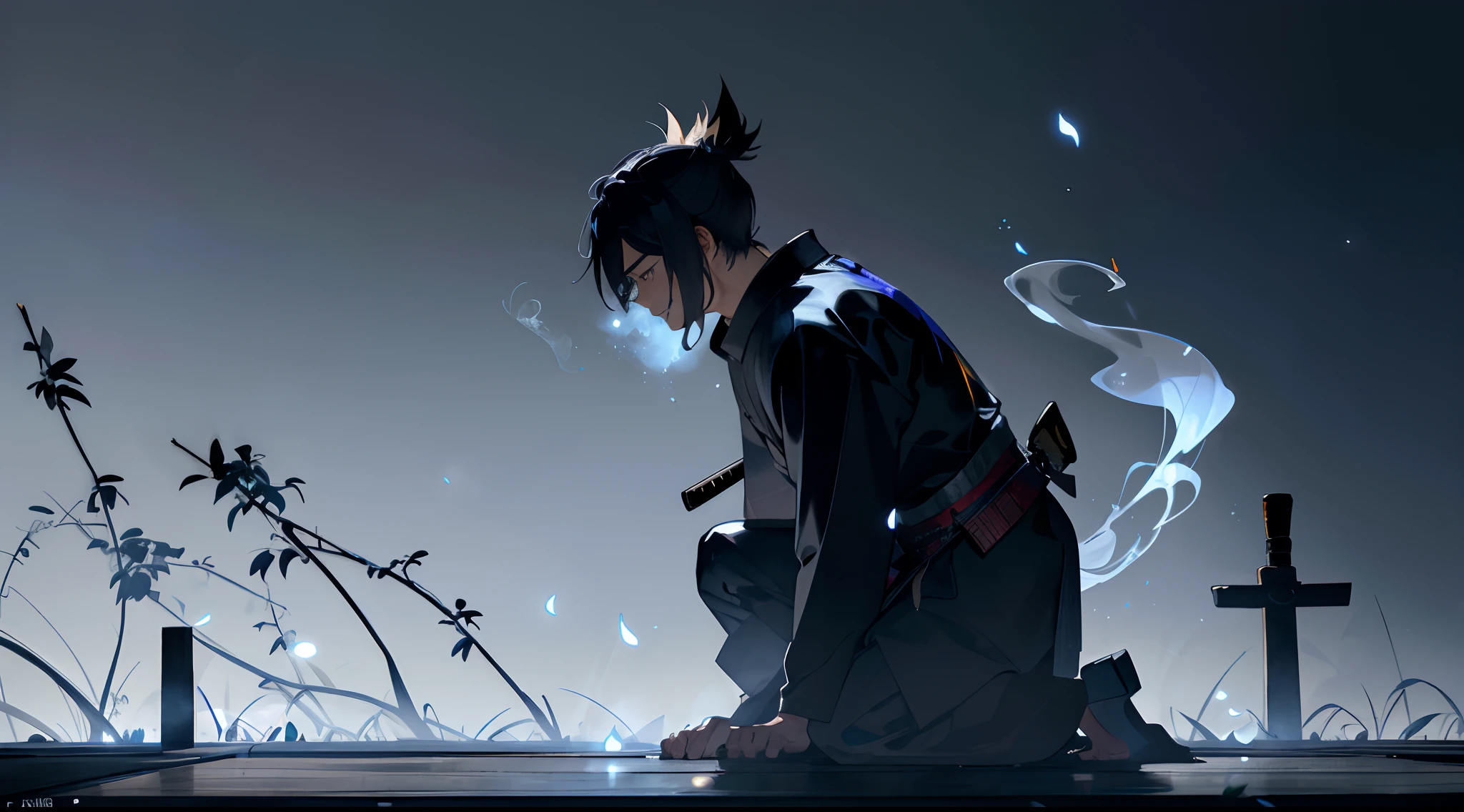1Male samurai,late at night,ghost,weeds emitting blue light,equinox flower,firefly,a dim atmosphere,(and its rich details:1.3),strong contrast,hard shadow,smoke,strong breeze,petal,particle,mourning for a dead,kneeling down, black Samurai armor,ancient chinese xiake,simple wooden tombstone,holding his sword,