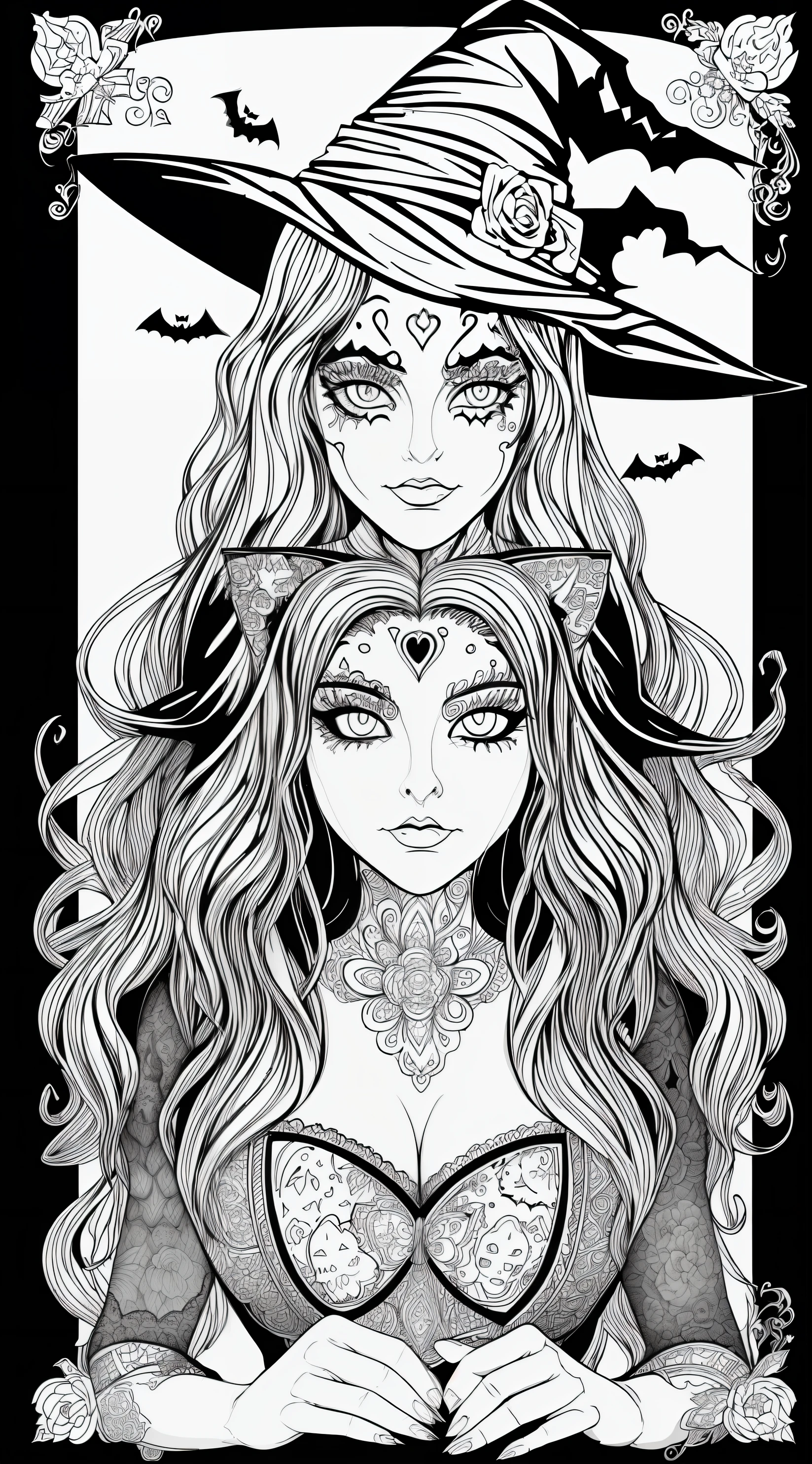A coloring page with a girl and a cat in a Halloween scene, beautiful witch spooky female, line art colouring page, Retrato de uma jovem bruxa, Bruxa bonita com cabelo longo, black and white coloring, beautiful witch female, coloring book outline, Retrato de uma jovem bruxa, bruxa feminina bonita, clean coloring book page, bela arte de linha, arte vetorial em preto e branco