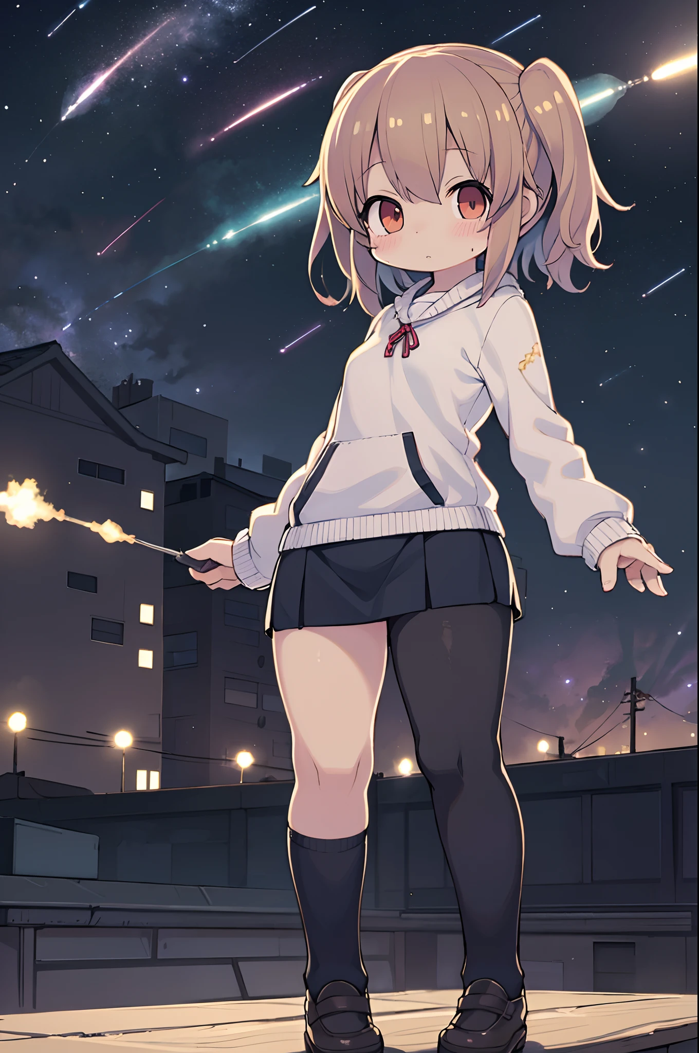 best qualtiy, tmasterpiece, 超A high resolution, realisticlying, 1 girl,(Long grey hair),Iris heterochromic pupil,(ssmile)(Denim skirt), Pink stockings,Athletic Sneakers,Fantastic starry sky,Park Swing,wide angles