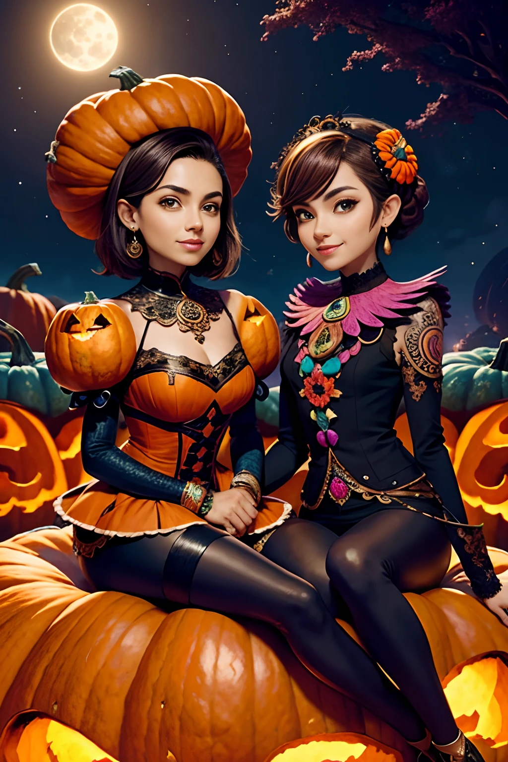 bust shot,detailed face:1.4,a couple of lesbians sitting together on (giant pumpkin:1.4),fantastical world,fantasy,leering:1.3,(alebrijes art style), elegant pose,xxmix girl women,moonlight,