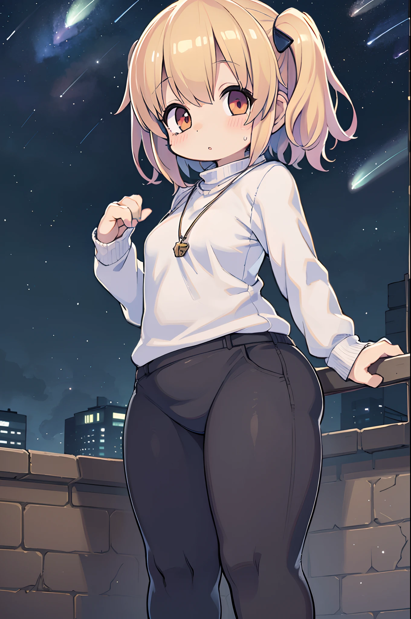 Anime girl standing on rooftop looking at stars and night sky, anime wallpaper 4k, anime wallpaper 4 k, 4k anime wallpaper, Anime art wallpaper 8k, anime art wallpaper 4k, anime art wallpaper 4k, anime style 4 k, makoto shinkai cyril rolando, 4 k manga wallpaper, anime wallpaper, amazing wallpapers, shooting stars、(((tiny girl)))