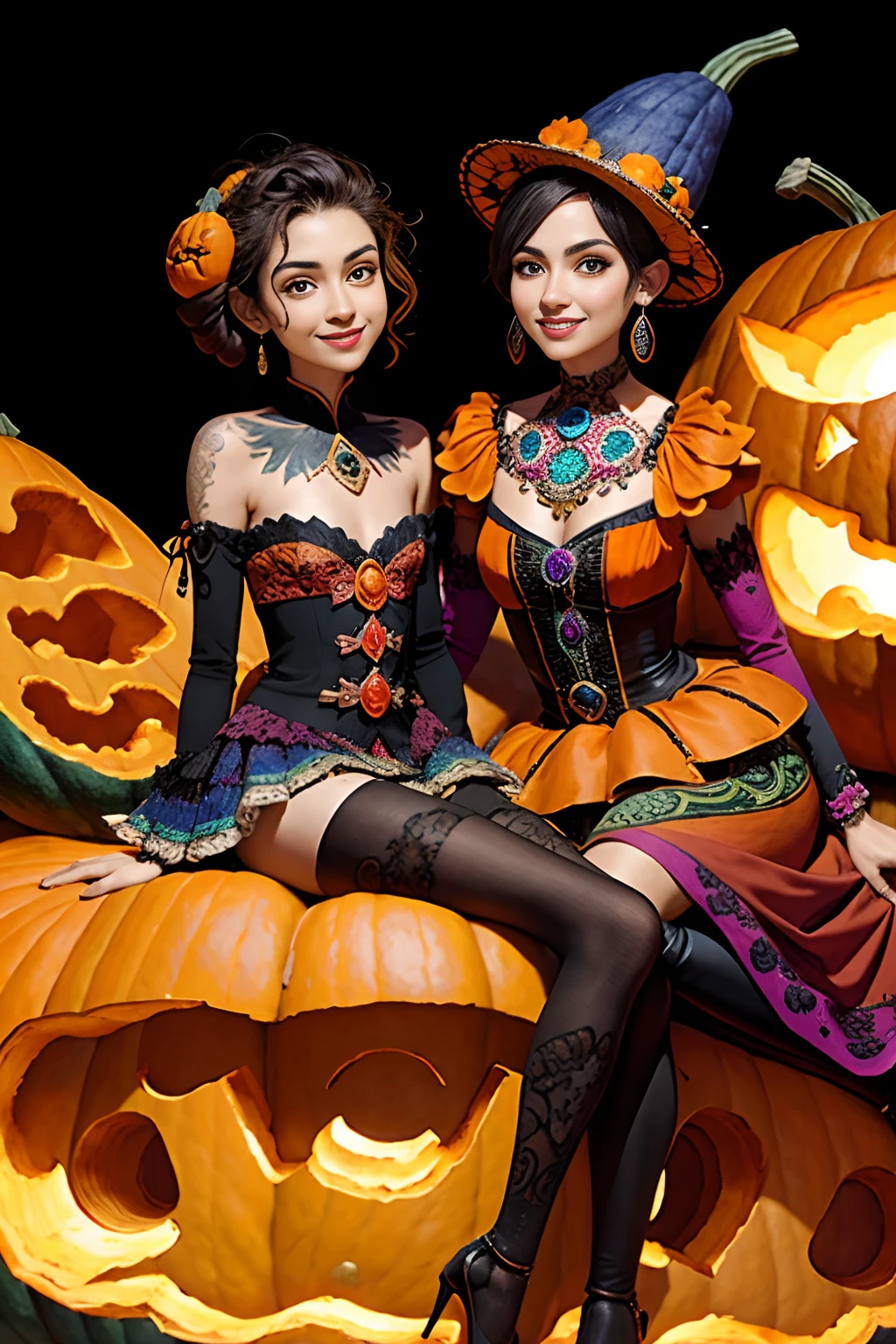 bust shot,detailed face:1.4,a couple of lesbians sitting together on (giant pumpkin:1.4),fantastical world,fantasy,leering:1.3,(alebrijes art style), elegant pose,xxmix girl women,moonlight,