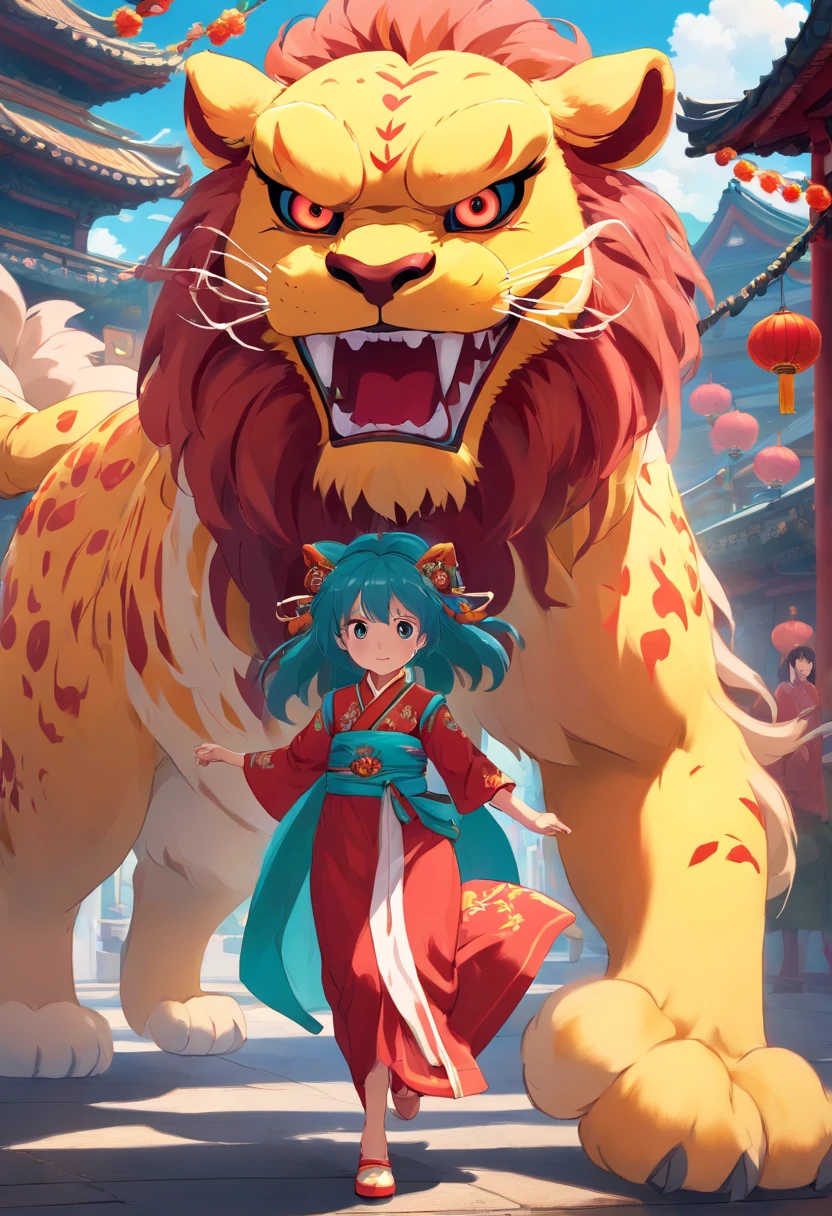 China-style,Lion dance girl,highly detailed surreal vfx,Smudge,Faraway view,super-fine,ultra - detailed,high qulity,8K ,oc rendered,dynamic viewing angle