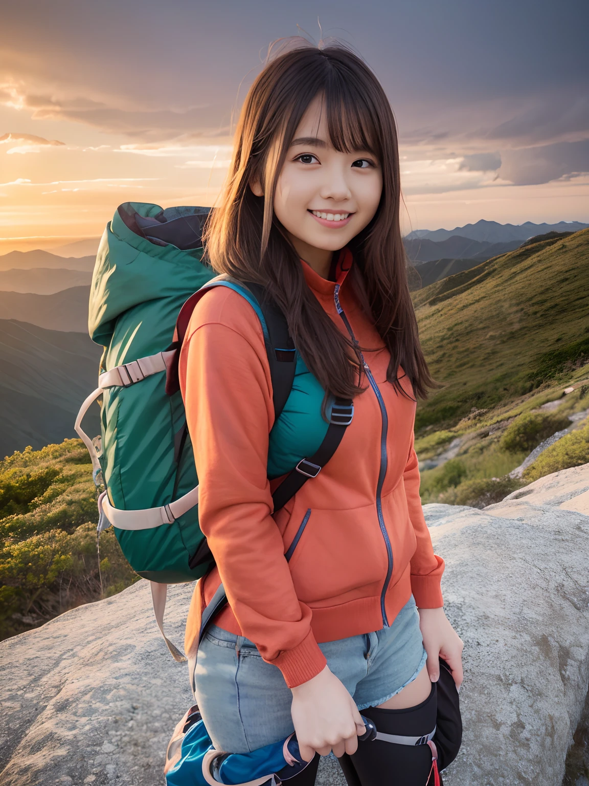 nffsw, nffsw, Ray traching, Radio City, Anisotropy Filtering, 16 K, Best Quality, masutepiece,1girl in, Solo, Mature,  Beautiful mountaineer, hiking clothes, Gradient long hair, Perfect, Detailed, Convoluted, ropes, mountaineering equipment、Happy smile、Orange sunset、Happy smile