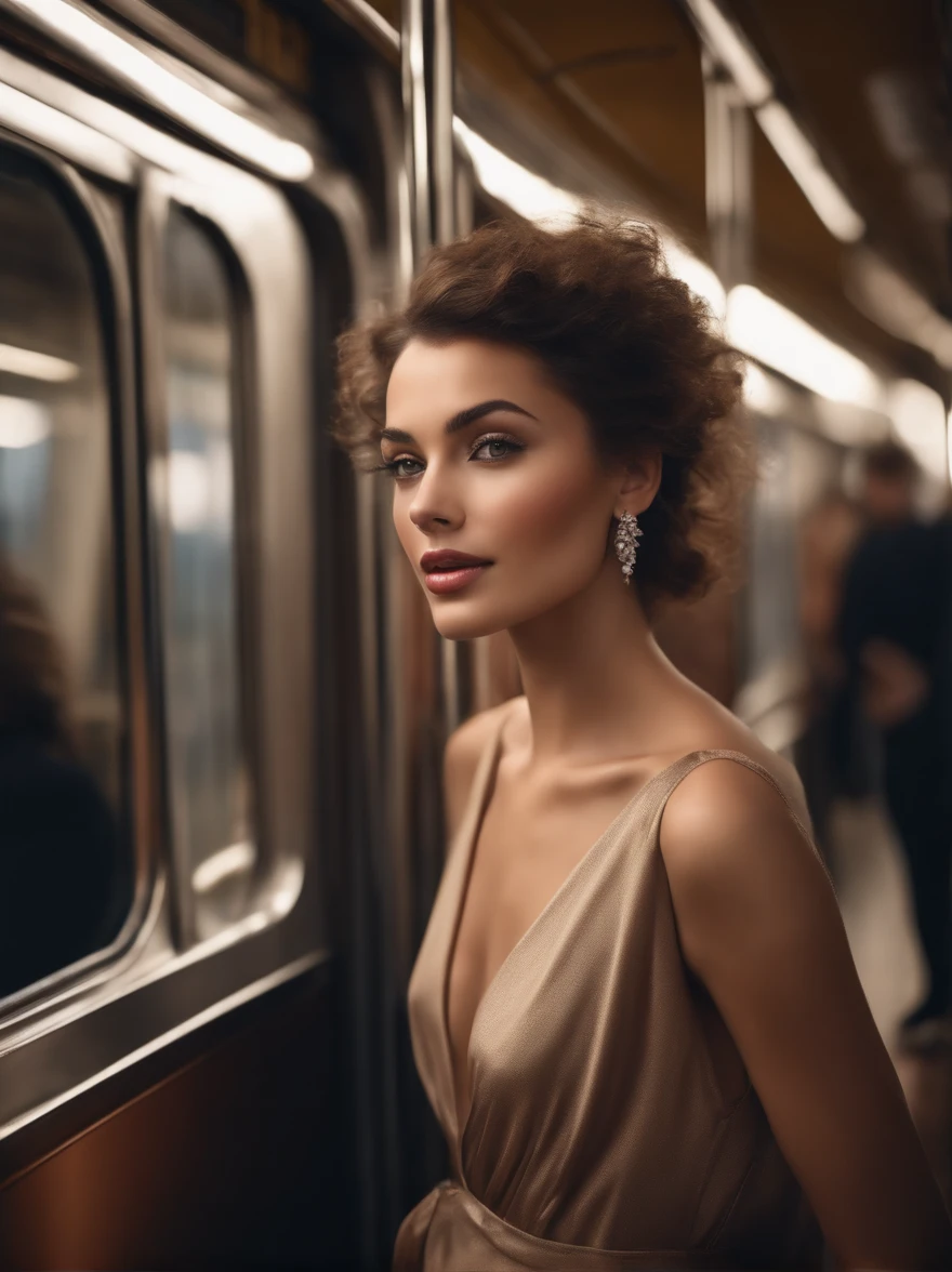 beautiful woman,long legs,stylish outfit,confident posture,glamorous makeup,subway train,morning rush hour,crowded platform,brightly lit station,modern architecture,reflective surfaces,metallic accents,polished floors,contemporary design,high ceilings,modern art installations,streaming natural light,soft ambient music,elegant atmosphere,lovely floral scent,serene and peaceful environment,calming colors and tones,luxurious feel,lively conversations,people-watching,expressive eyes,perfectly arched eyebrows,rosy cheeks,full and glossy lips,bouncy curls,captivating smile,attracting glances,grace and poise,intelligent and poised demeanor,(best quality,4k,8k,highres,masterpiece:1.2),ultra-detailed,(realistic,photorealistic,photo-realistic:1.37),fashion photography,urban chic,modern vibes,effortless style,classy and sophisticated,subtle yet confident,color-harmonized palette,dreamy lighting,soft shadows,subtle highlights.