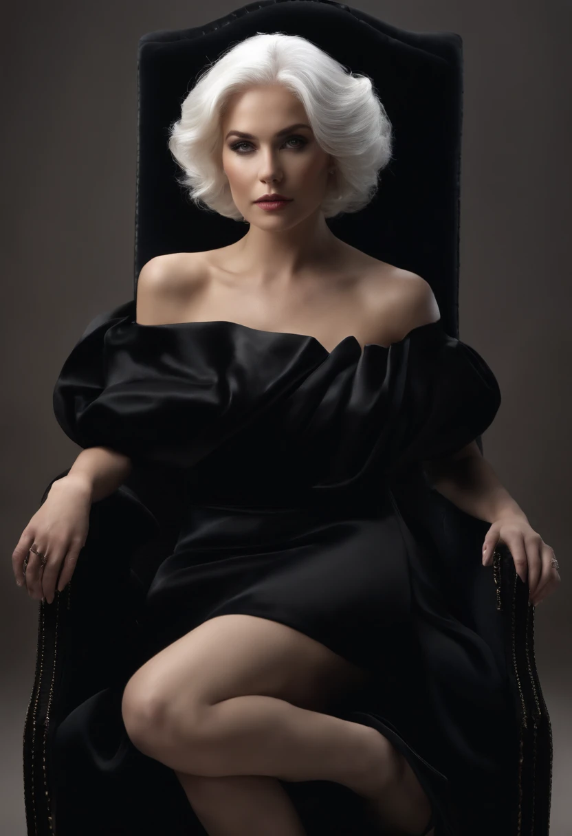 A close up of a woman sitting on a chair wearing a large black dress, covers all body, white skin, white hair, black background, elegant, high quality, realistic, 8k