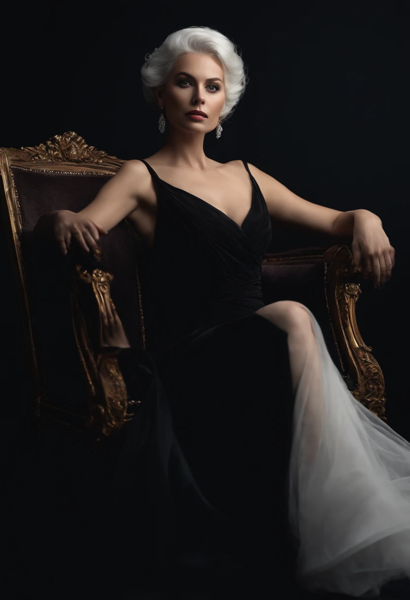 A close up of a woman sitting on a chair wearing a large black dress, covers all body, white skin, white hair, black background, elegant, high quality, realistic, 8k