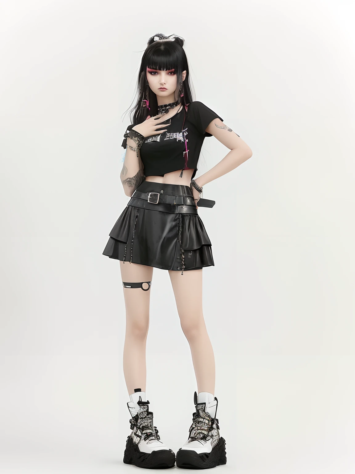 Arapefi girl posing for photo in black blouse and black dress, punk rock clothes, with ripped crop t - shirt, all black cyberpunk clothes, goth punk clothes, punky style, punk clothing, cyberpunk style outfit, black leather slim clothes, wearing modern gothic clothes, cruel korean goth girl, dressed in punk clothing, Sexy style, Cyberpunk costumes