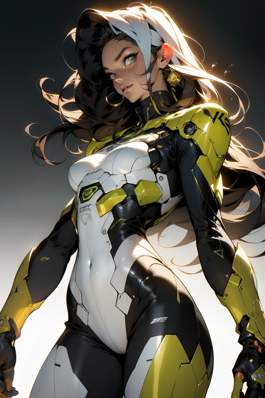 ((Best quality)), ((masterpiece)), (detailed: 1.4), (Absurd), Fighter pilot indigenous woman from Brazil ready for war, dark skin, with a feather on her head, ornaments typical of the natives of Brazil, defined muscular sculptural body, half thick naked thighs, closed mouth, muscular body covered by technological clothing, Neon Genesis Evangelion style, cyberpunk, generous neckline, ((perfect medium breasts)), (brown eyes without pupils), ((dark green, yellow, blue and white clothing)), (((black hair fulfilled super straight and drained with heavy bangs over the forehead)))), band tied on the arm, long eyelashes heavy makeup, garter belt, by mucha, niji --V5, close to real, psychopath, crazy face, sexy pose, background with a giant Gundam-style Robot head, 2 piece clothing, shoulder pads with airplane wings on the back, pastel, centered, scale to fit dimensions, HDR (High Dynamic Range),Ray Tracing,NVIDIA RTX,Super-Resolution,Unreal 5,Subsurface dispersion, PBR texture, Post-processing, Anisotropic filtering, Depth of field, Maximum clarity and sharpness, Multilayer textures, Albedo and specular maps, Surface shading, Accurate simulation of light-material interaction, Perfect Proportions, Octane Render, Two-Tone Lighting, Wide Aperture, Low ISO, White Balance, Rule of Thirds, 8K RAW, Crysisnanosuit