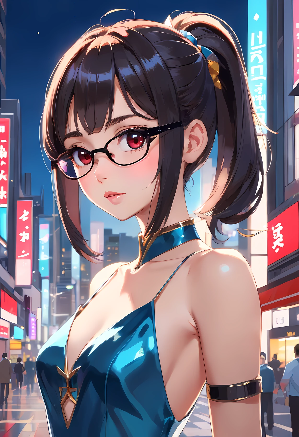 (1mecha girl:1.3, solo), (Audrey Hepburn:1.3), (a extremely pretty and beautiful Japanese cyborg girl), (sexy girl), (professional attire:1.3), (22 years old: 1.1), (walking on red carpet:1.3), (attractive random posing:1.3), (in the night royal party:1.3), (looking straight at you:1.3), (starring at you:1.3), (front view:1.3), (from side:1.3), break, (ponytail:1.3), (shiny-black thin hair:1.2), bangs, dark brown eyes, beautiful eyes, princess eyes, (big eyes:1.3), bangs, wearing a glasses:1.3, Hair between eyes, short hair:1.3, (slender:1.1), (small-medium-breasts:0.95), (thin waist: 1.15), (detailed beautiful girl: 1.4), Parted lips, Red lips, full-make-up face, (shiny skin), ((Perfect Female Body)), (upper body image:1.3), Perfect Anatomy, Perfect Proportions, (most beautiful Korean actress face:1.3, extremely cute and beautiful Japanese actress face:1.3), BREAK, (View viewer, wearing a lovely bitch cordinate, (insanely detailed cyborg bodysuit:1.3), (blue mechanical armor:1.3), (pin-heels:1.3), detailed clothes, BREAK, (detailed royal night party background:1.2), (dark background), (Studio soft lighting: 1.3), (fake lights: 1.3), (backlight: 1.3), BREAK, (Realistic, Photorealistic: 1.37), (Masterpiece, Best Quality: 1.2), (Ultra High Resolution: 1.2), (RAW Photo: 1.2), (Sharp Focus: 1.3), (Face Focus: 1.2), (Ultra Detailed CG Unified 8k Wallpaper: 1.2), (Beautiful Skin: 1.2), (pale Skin: 1.3), (Hyper Sharp Focus: 1.5), (Ultra Sharp Focus: 1.5), (Beautiful pretty face: 1.3), (super detailed background, detail background: 1.3), Ultra Realistic Photo, Hyper Sharp Image, Hyper Detail Image,